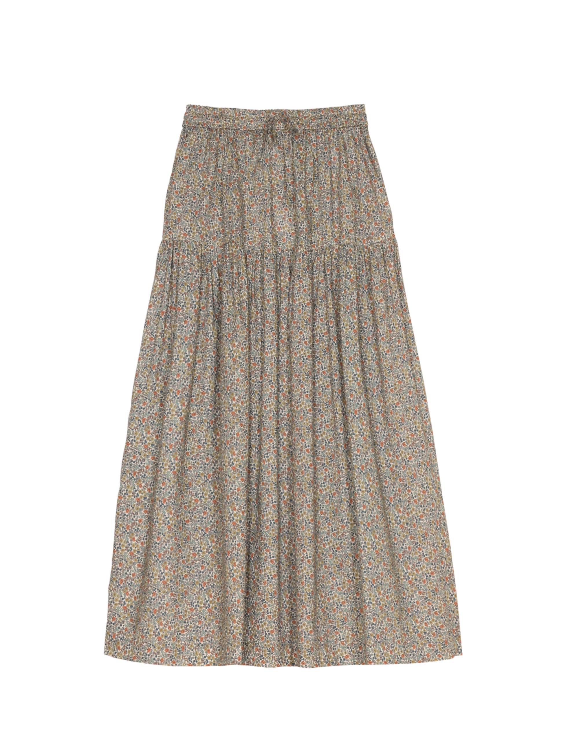 Long floral patterned skirt on a white background