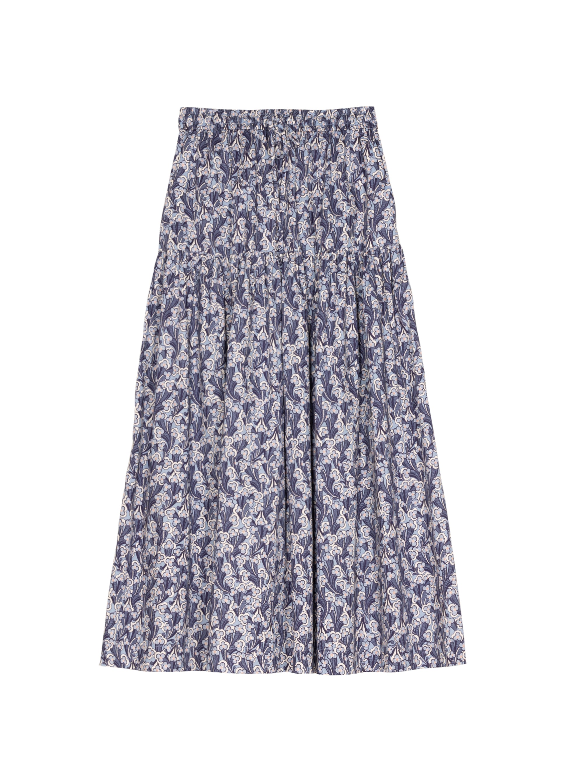 Long blue floral patterned skirt on a white background