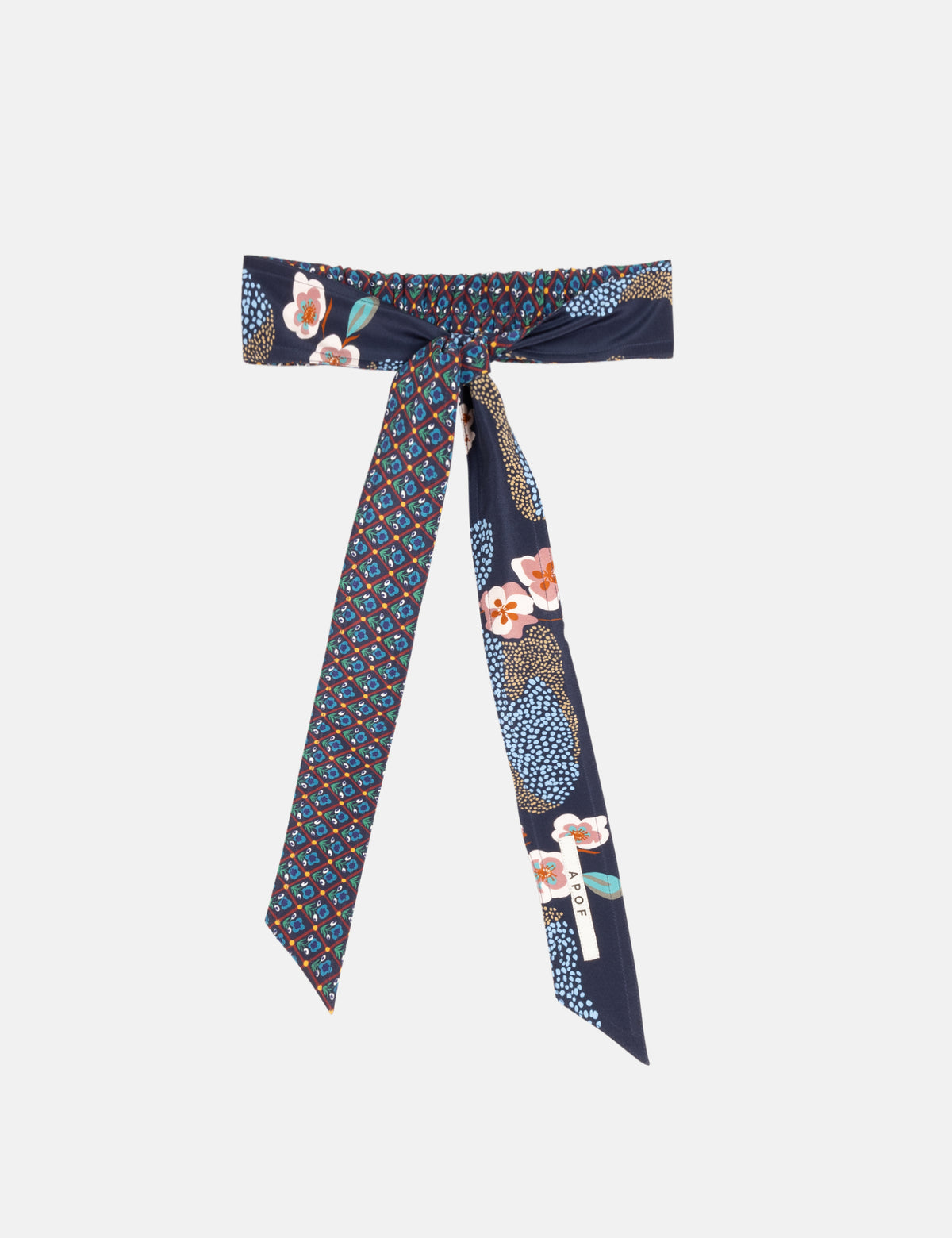 Printed navy bow belt with long ribbon tails and floral pattern