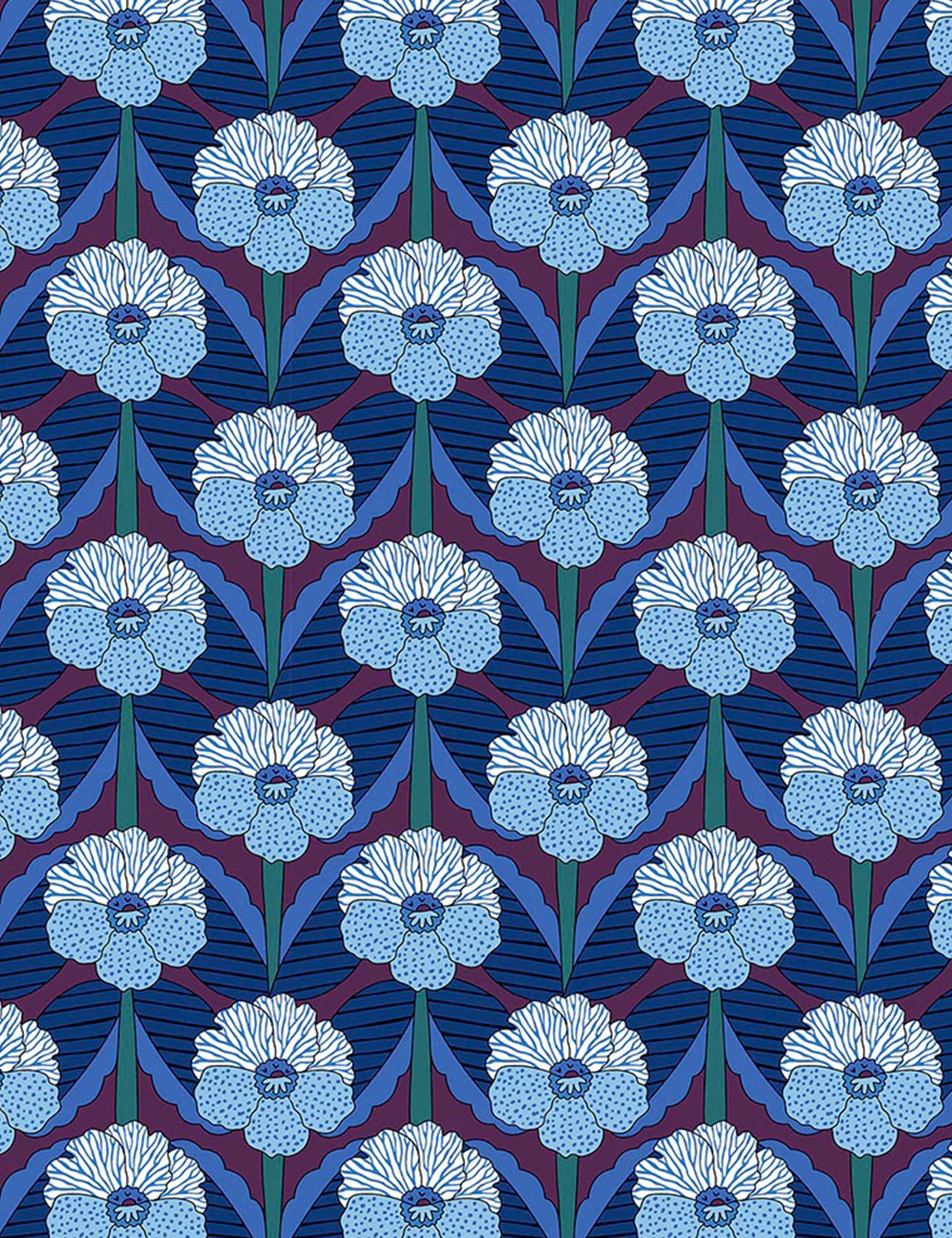 Closeup of Chevron Blue liberty cotton fabric with large blue flowers