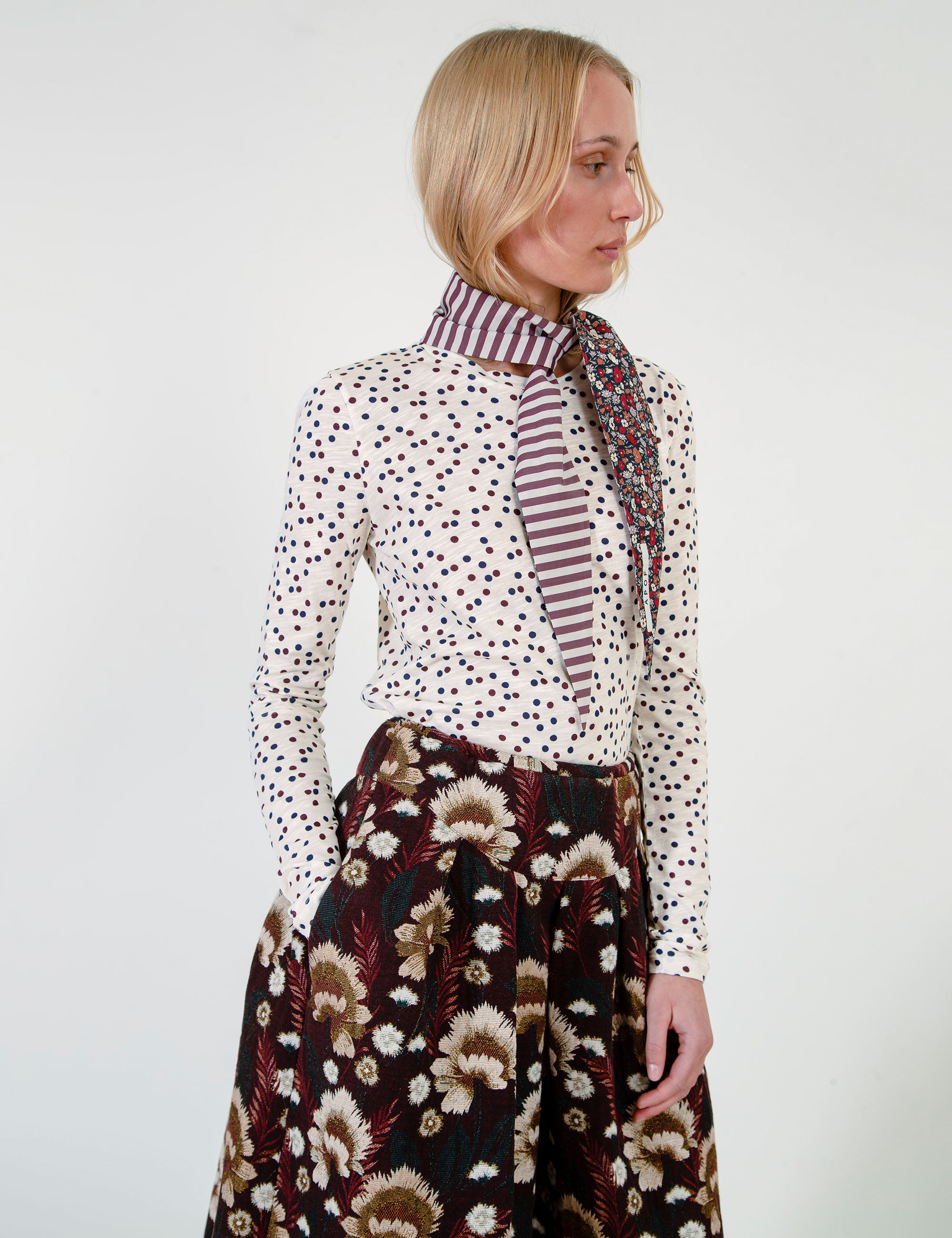 White long-sleeve crew-neck t-shirt shown from side, dark red dot print