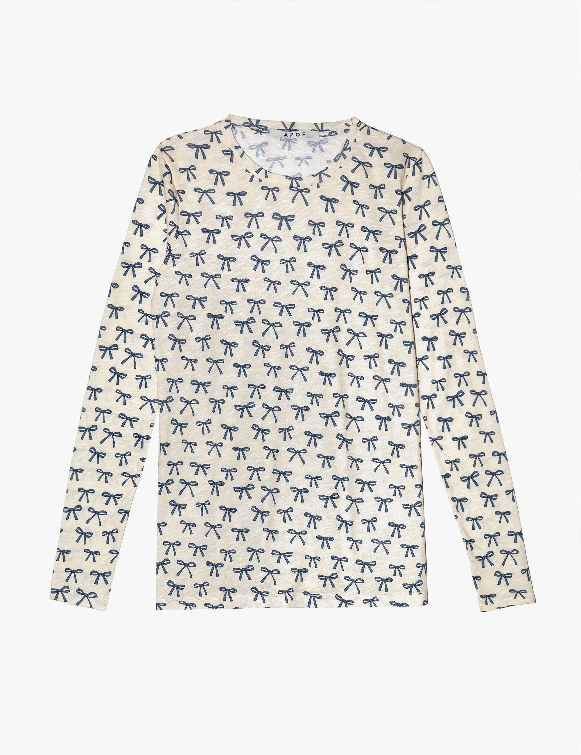 Women's long sleeve white t-shirt with blue bows pattern