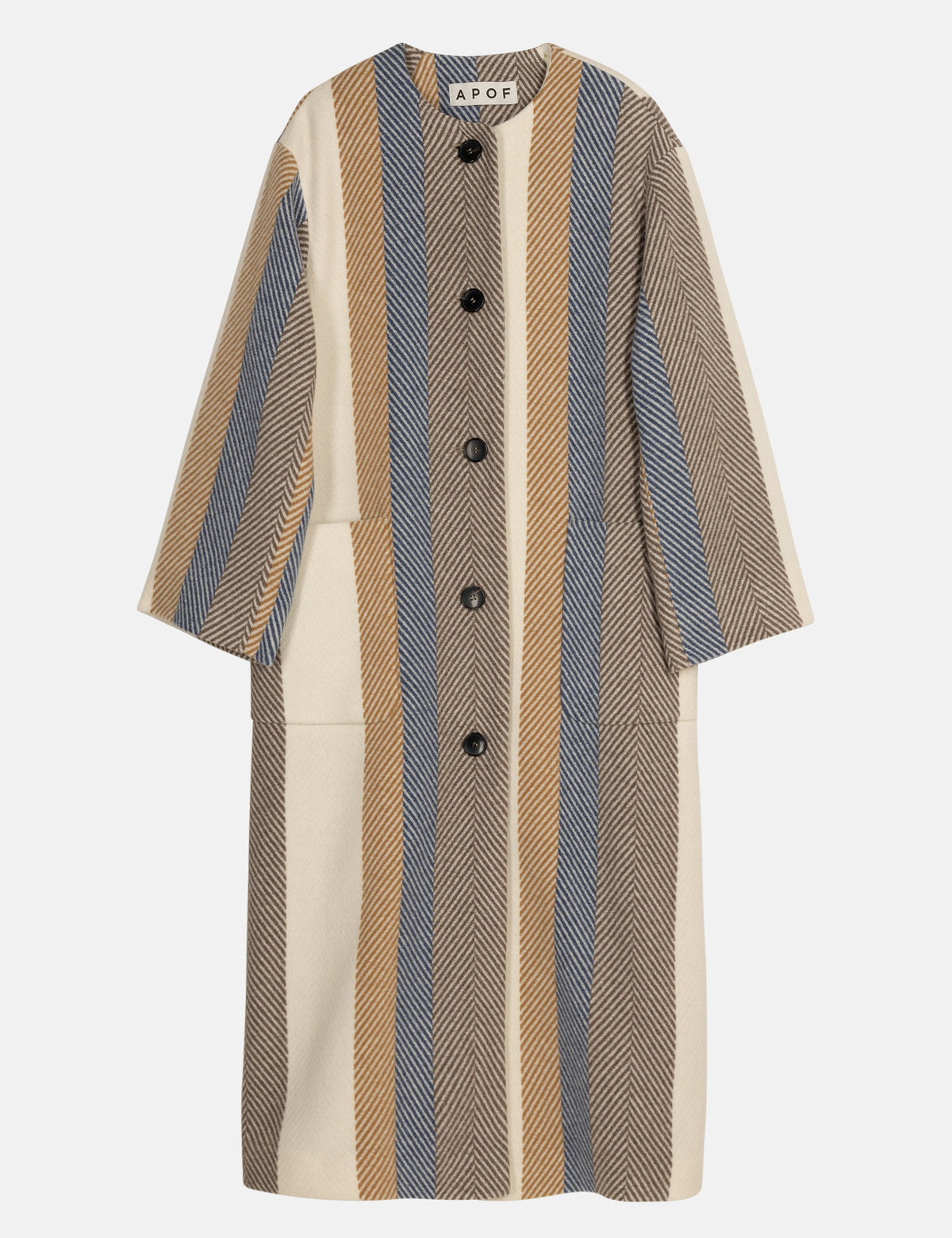Striped women's wool coat with buttons and pockets on a white background