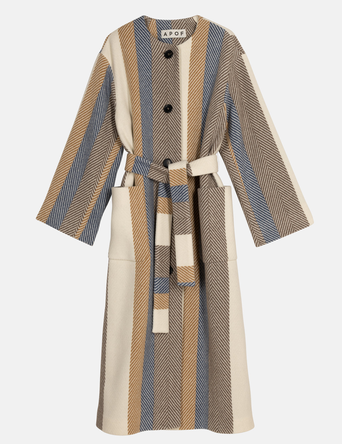 Striped women's wool coat with a belt, buttons and pockets on a white background