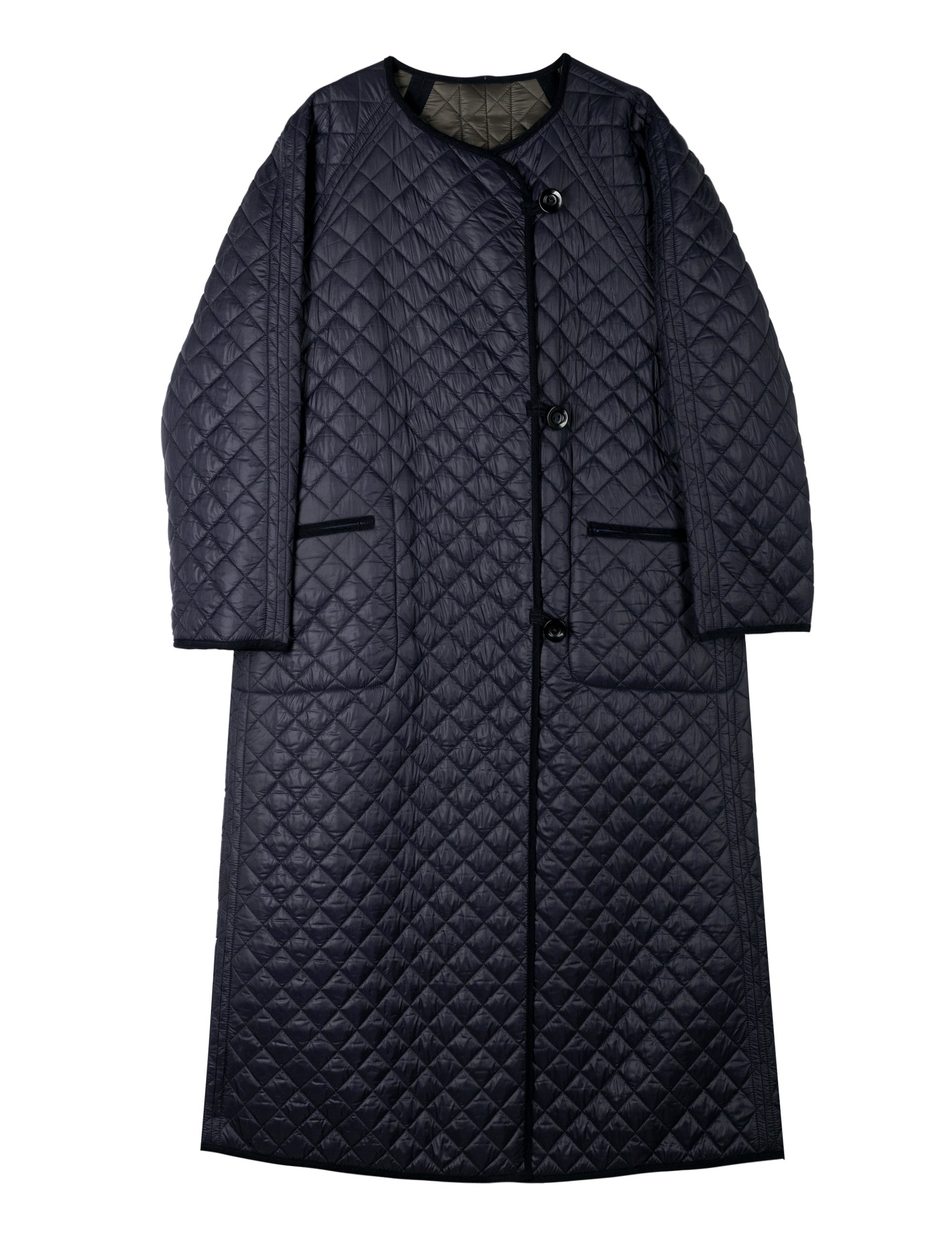 Long blue quilted women's coat with black pipings, pockets and buttons