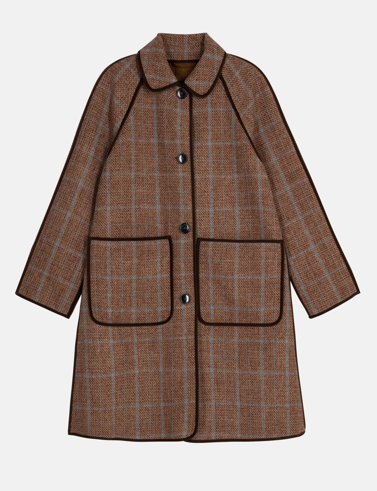 Brown plaid women's coat with button details, collar and pockets on a light gray background