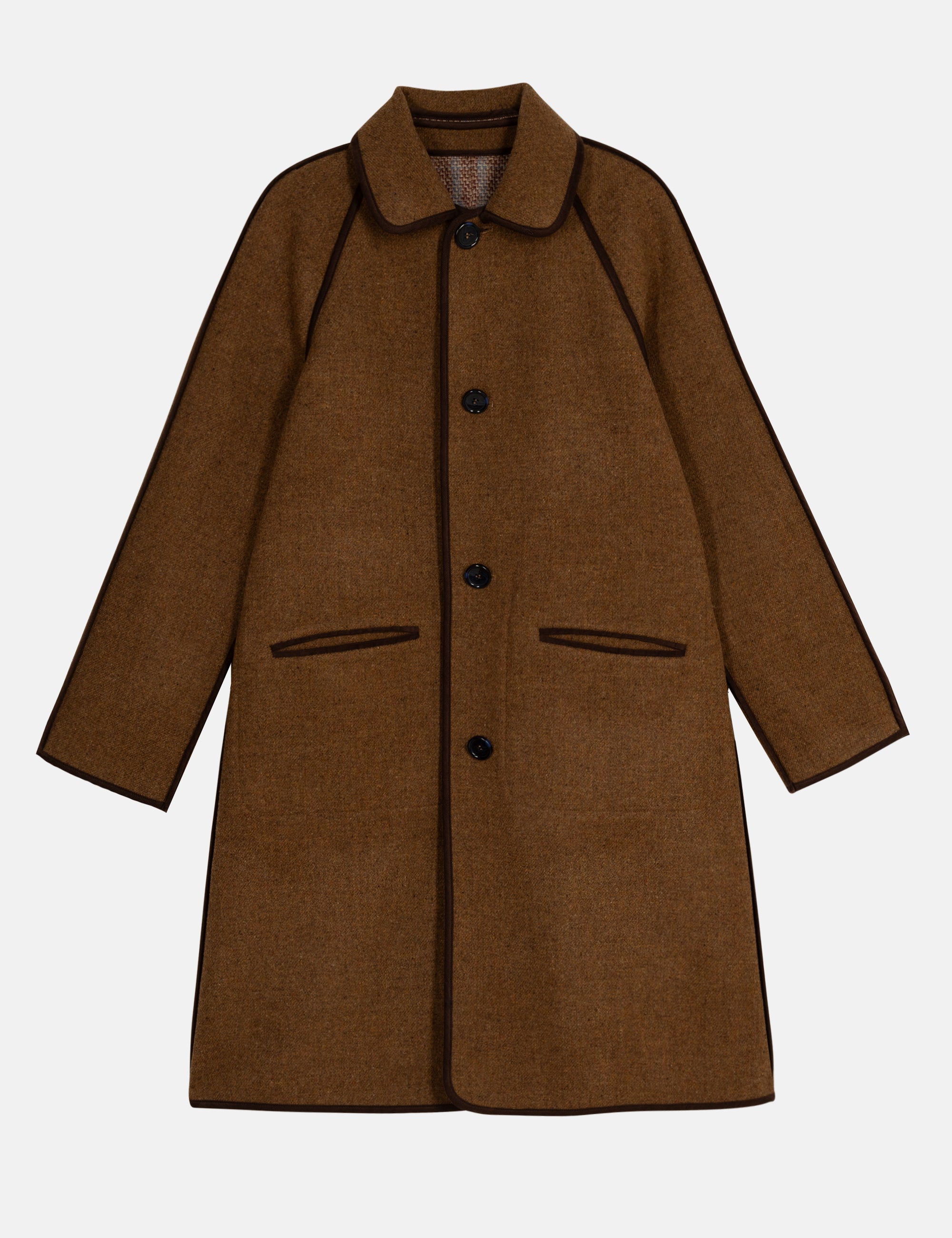 Brown women's wool coat with black buttons on a white background