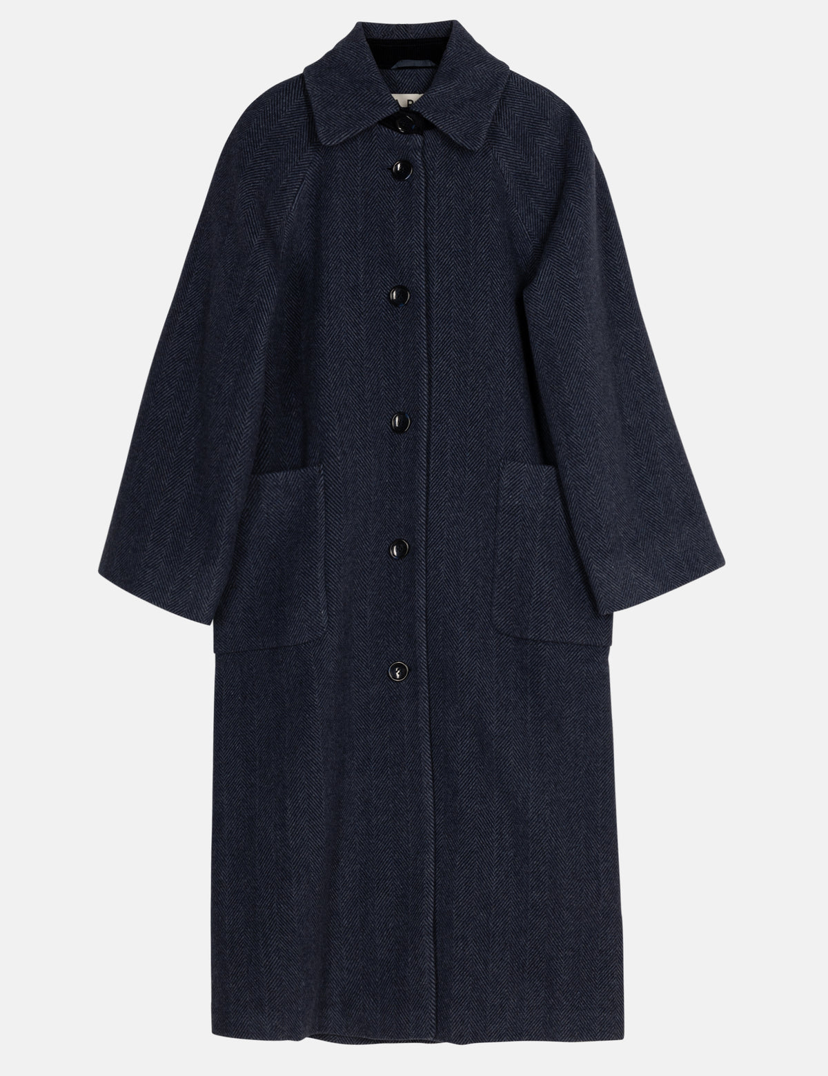 Women's long navy blue wool coat with button details and pockets on a light gray background