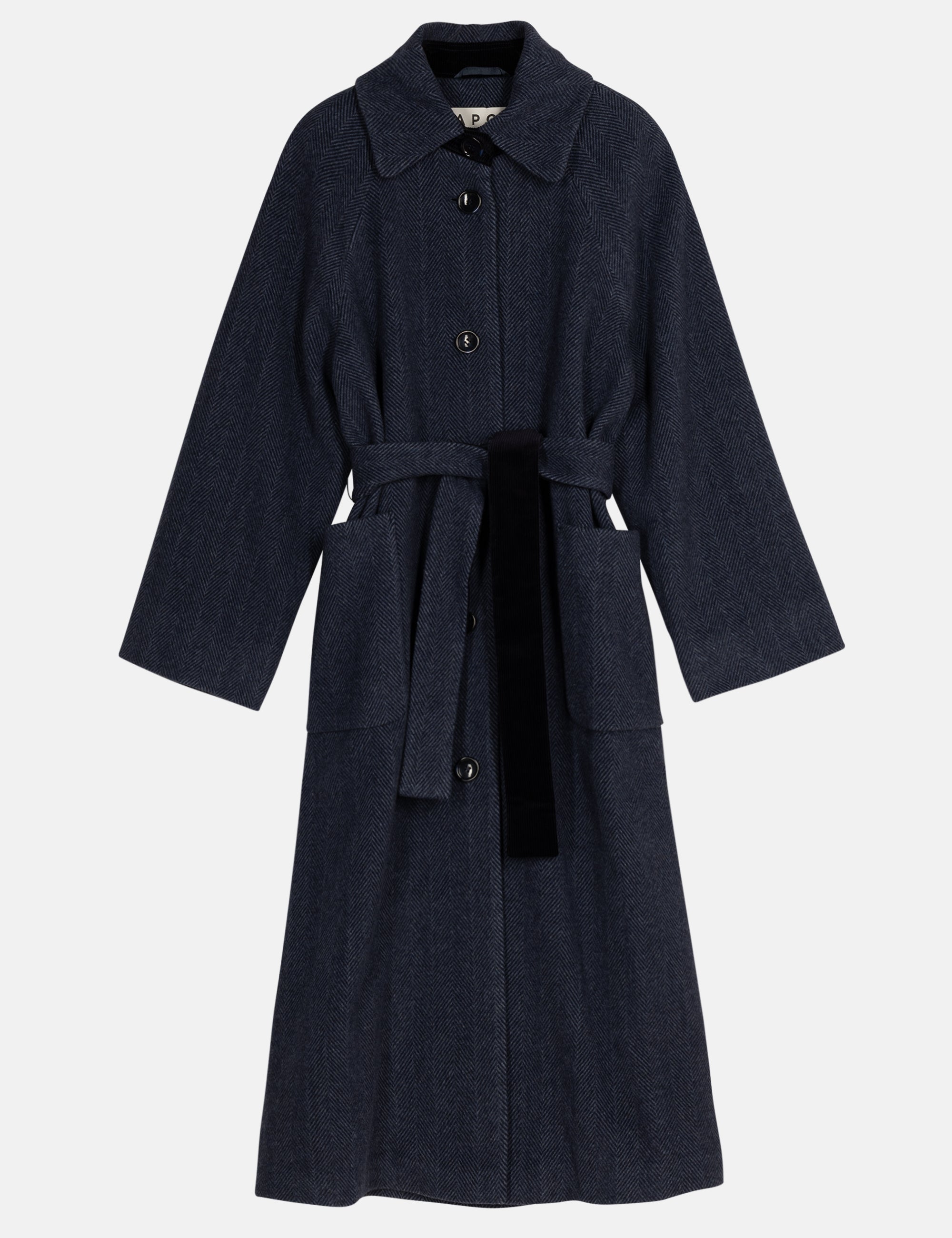 Women's long navy blue wool coat with a belt on a white background