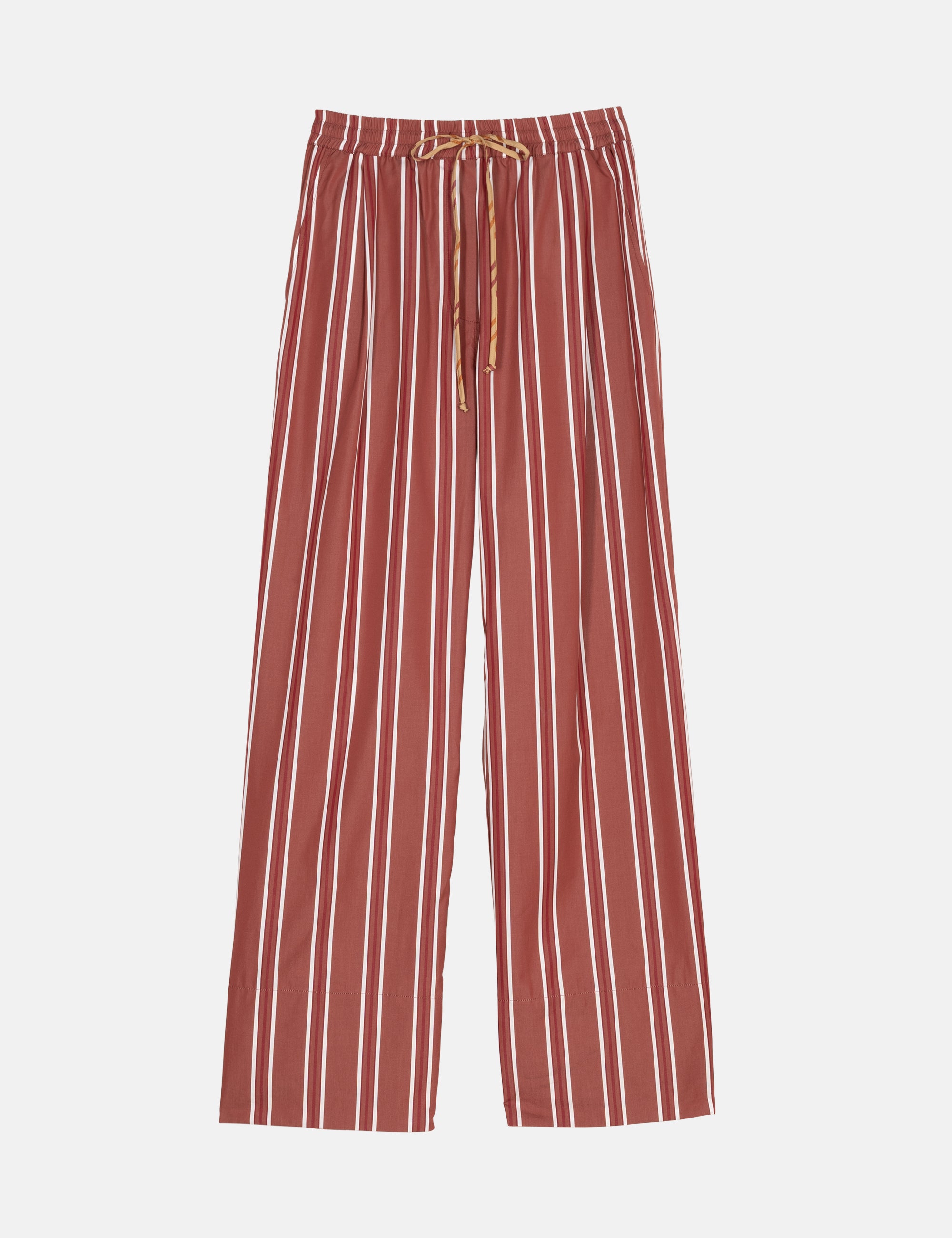 Red and white striped pants with a drawstring
