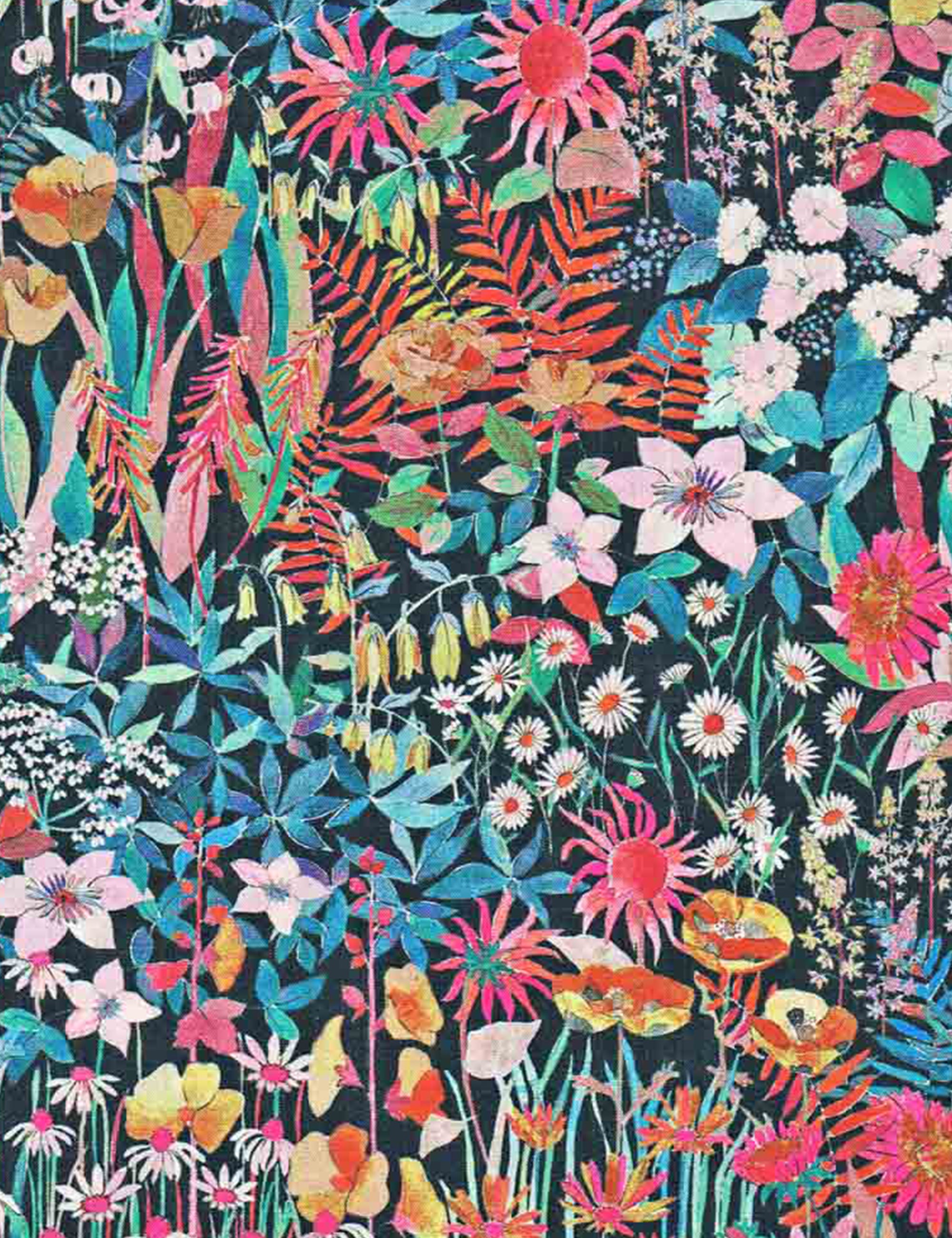 Closeup of multi-colored floral print Loberty cotton fabric called Faria Flowers