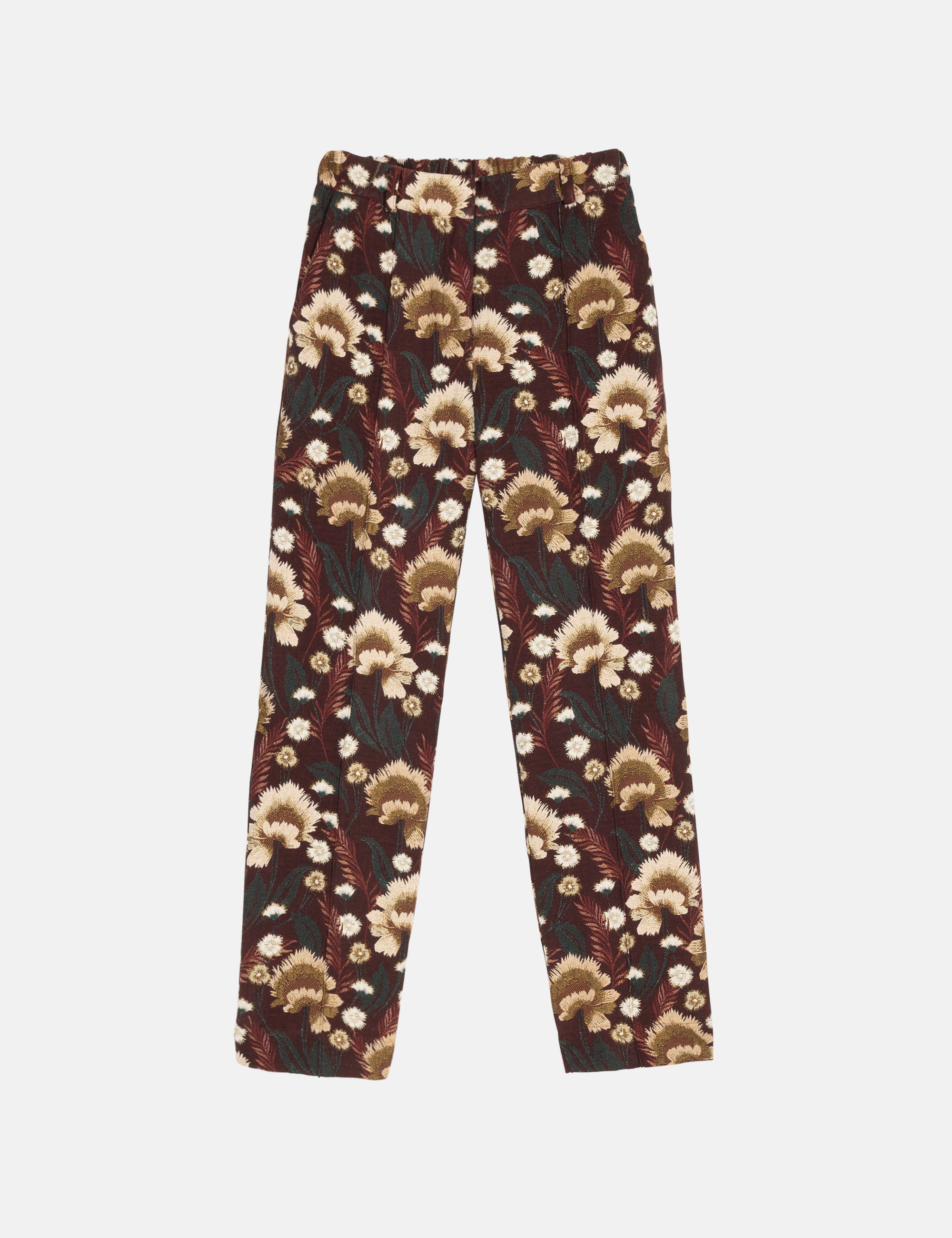 Brown floral patterned women's pants on a white background