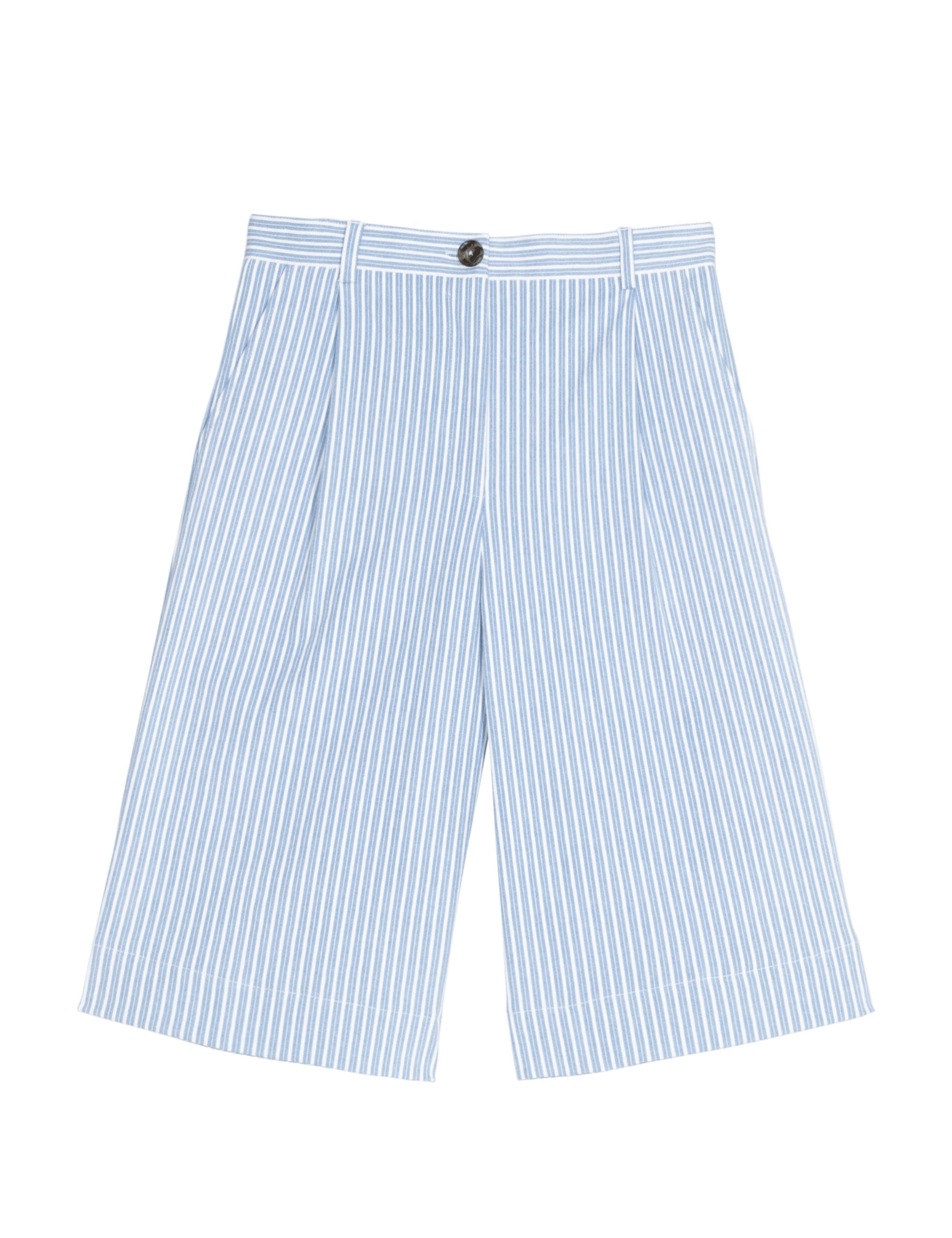Light blue and white striped women's shorts on a white background