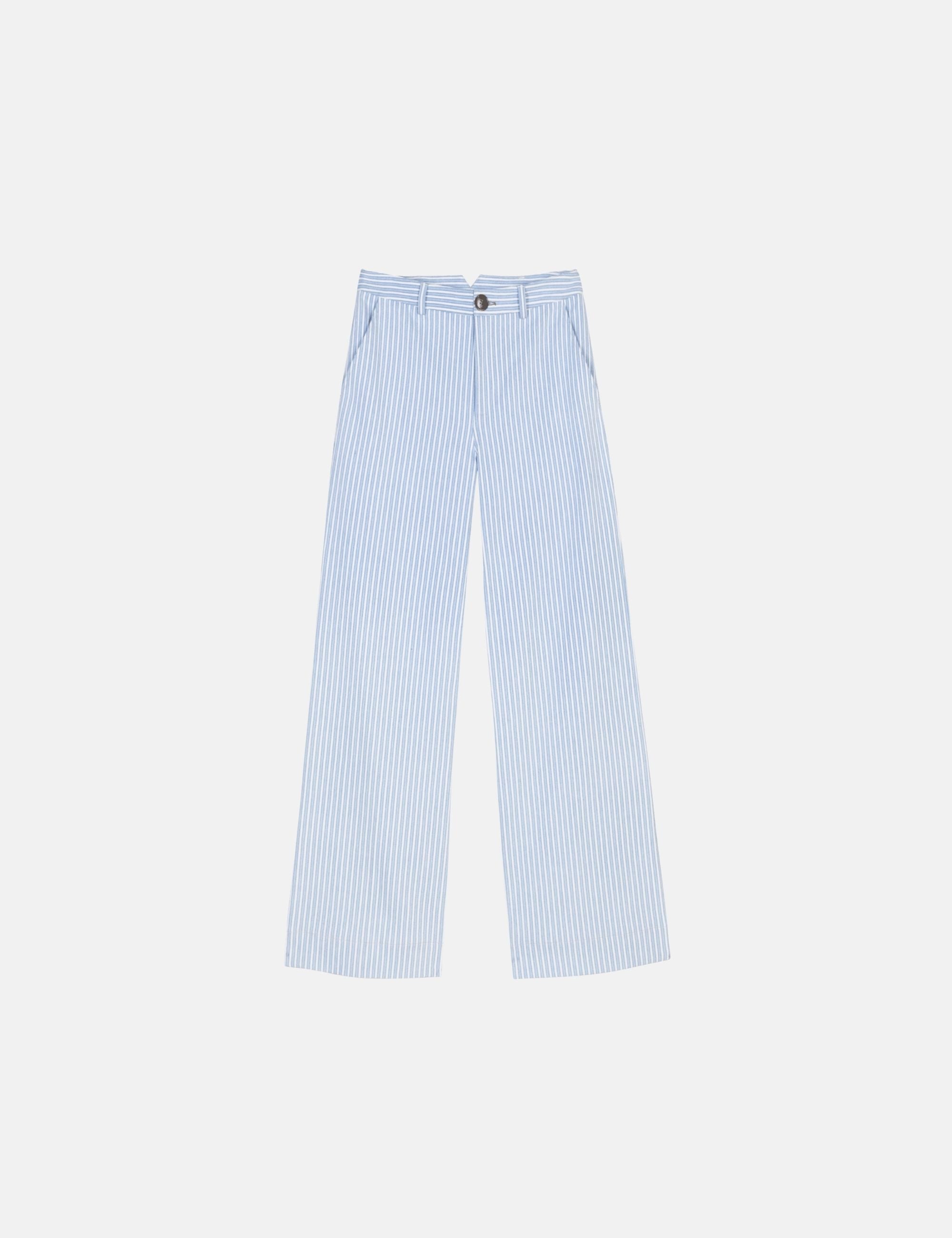Light blue striped pants on a white background