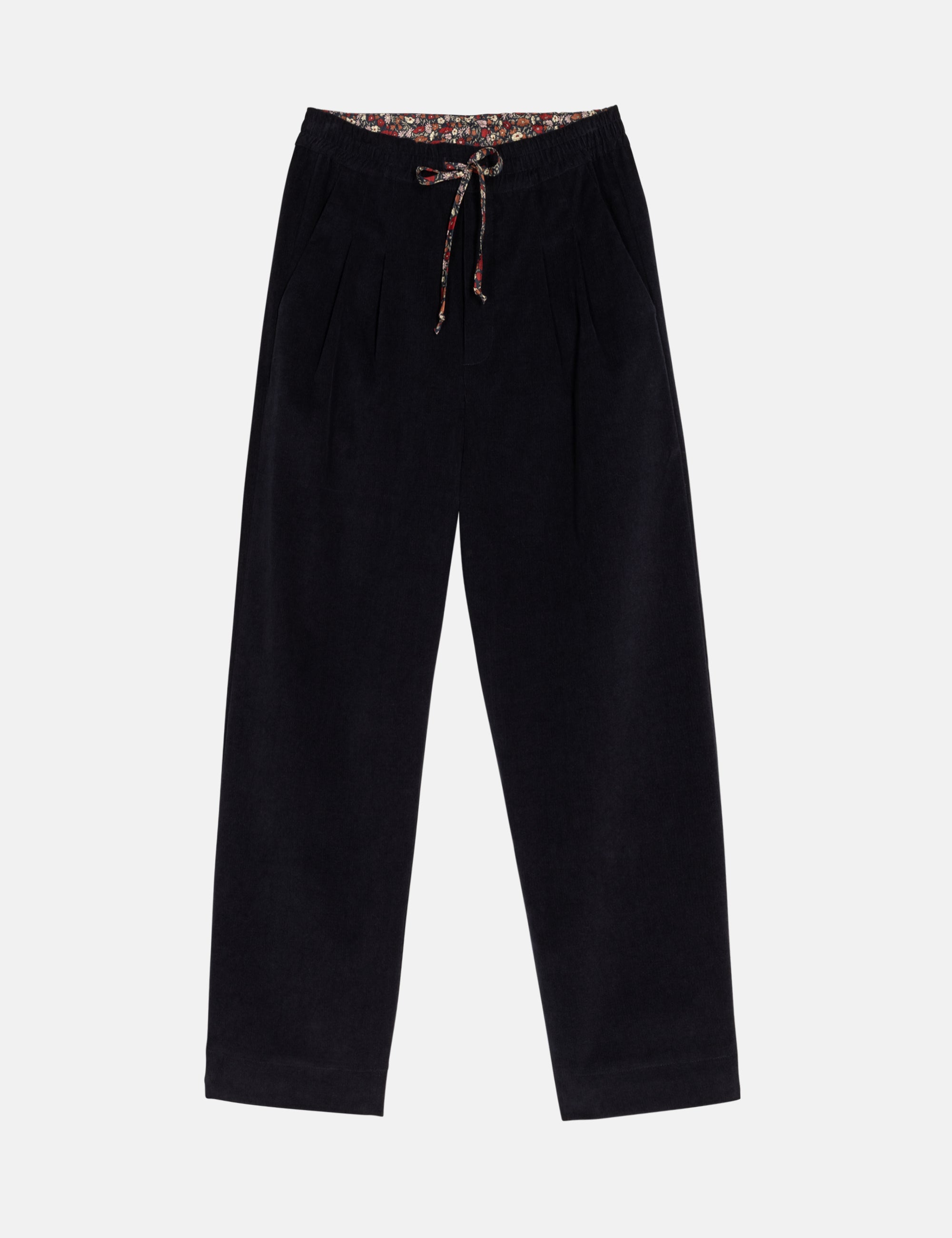 Black women's corduroy pants with a patterned drawstring on a white background
