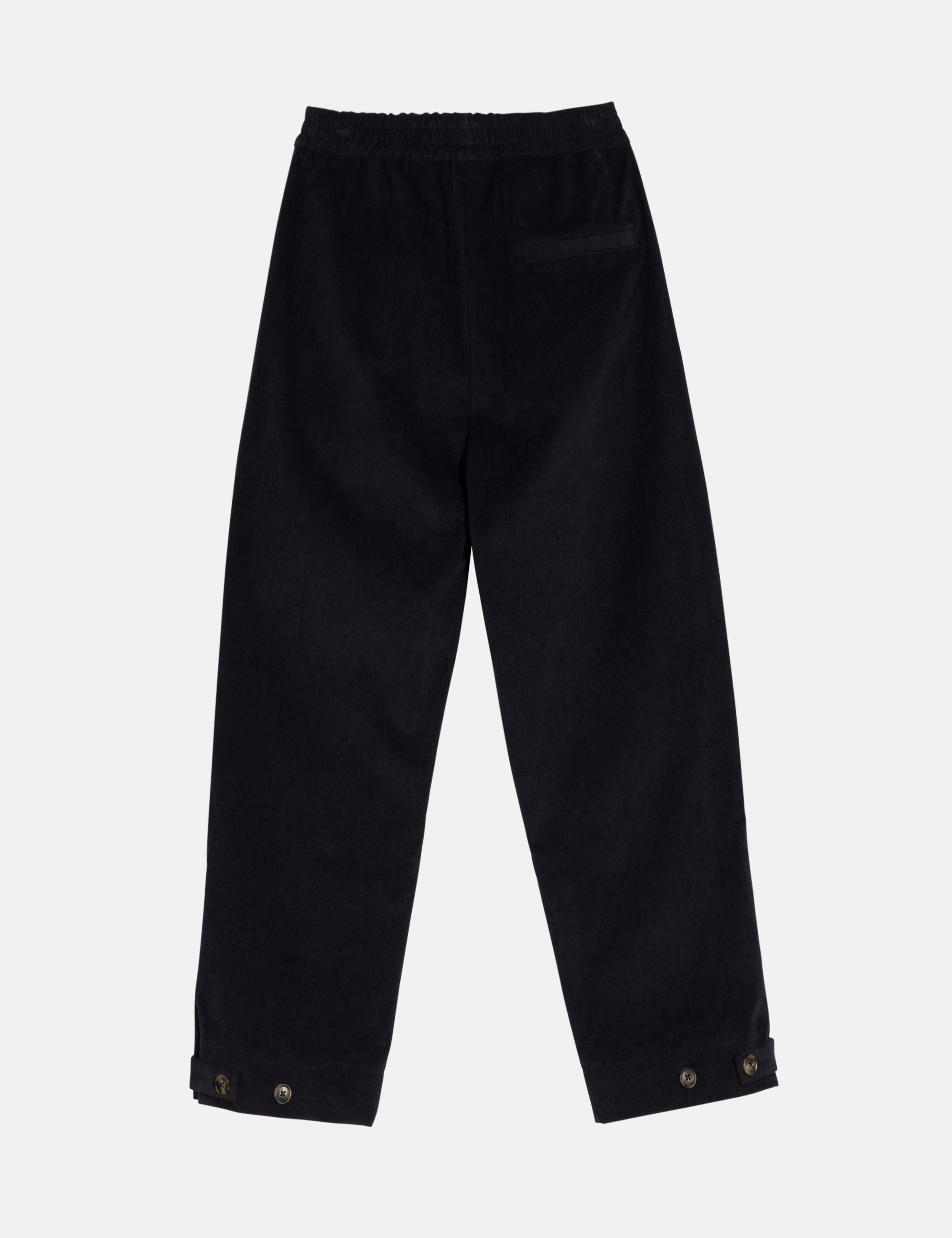 Black women's corduroy pants with a patterned drawstring on a white background