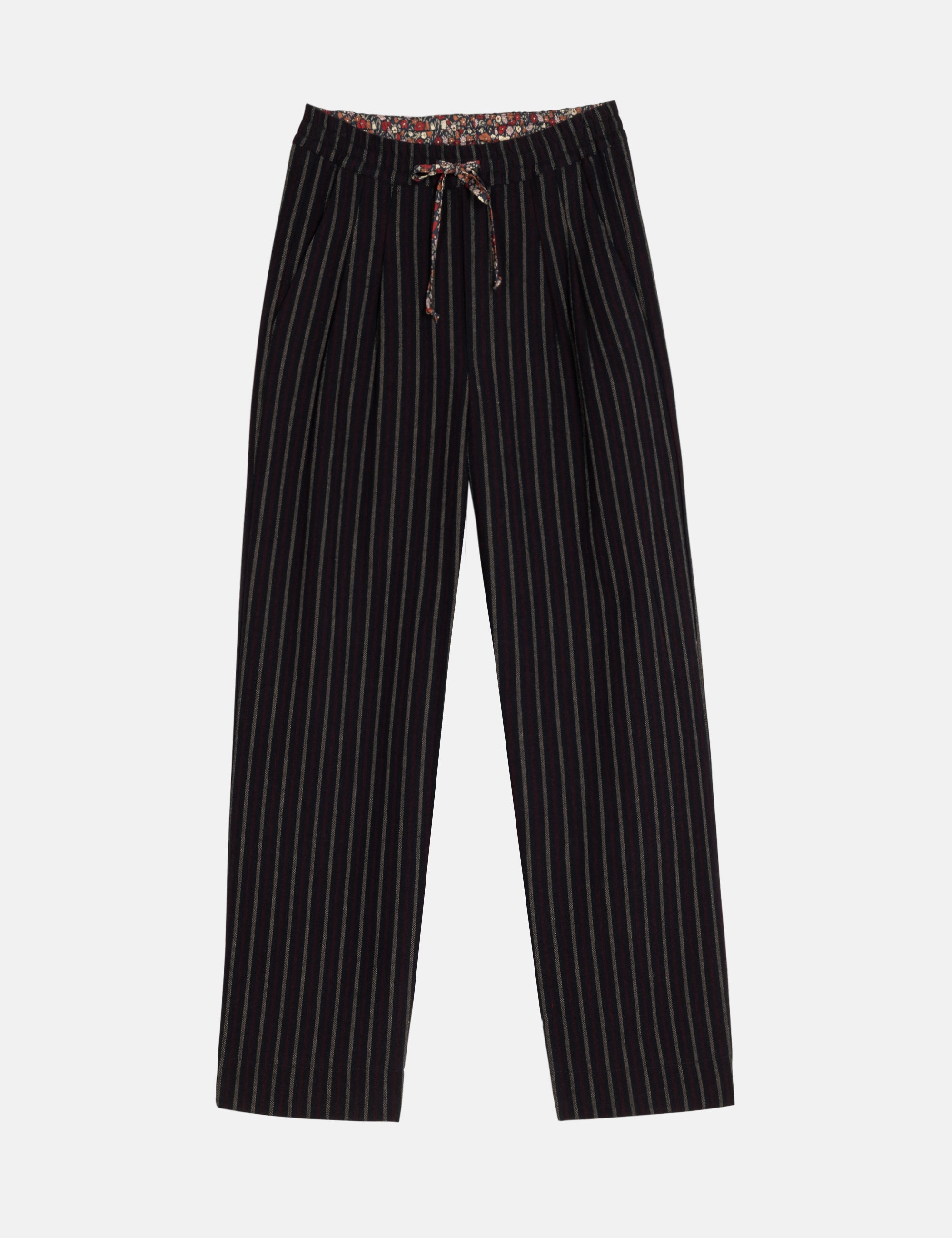 Black pinstripe women's pants on a light gray background