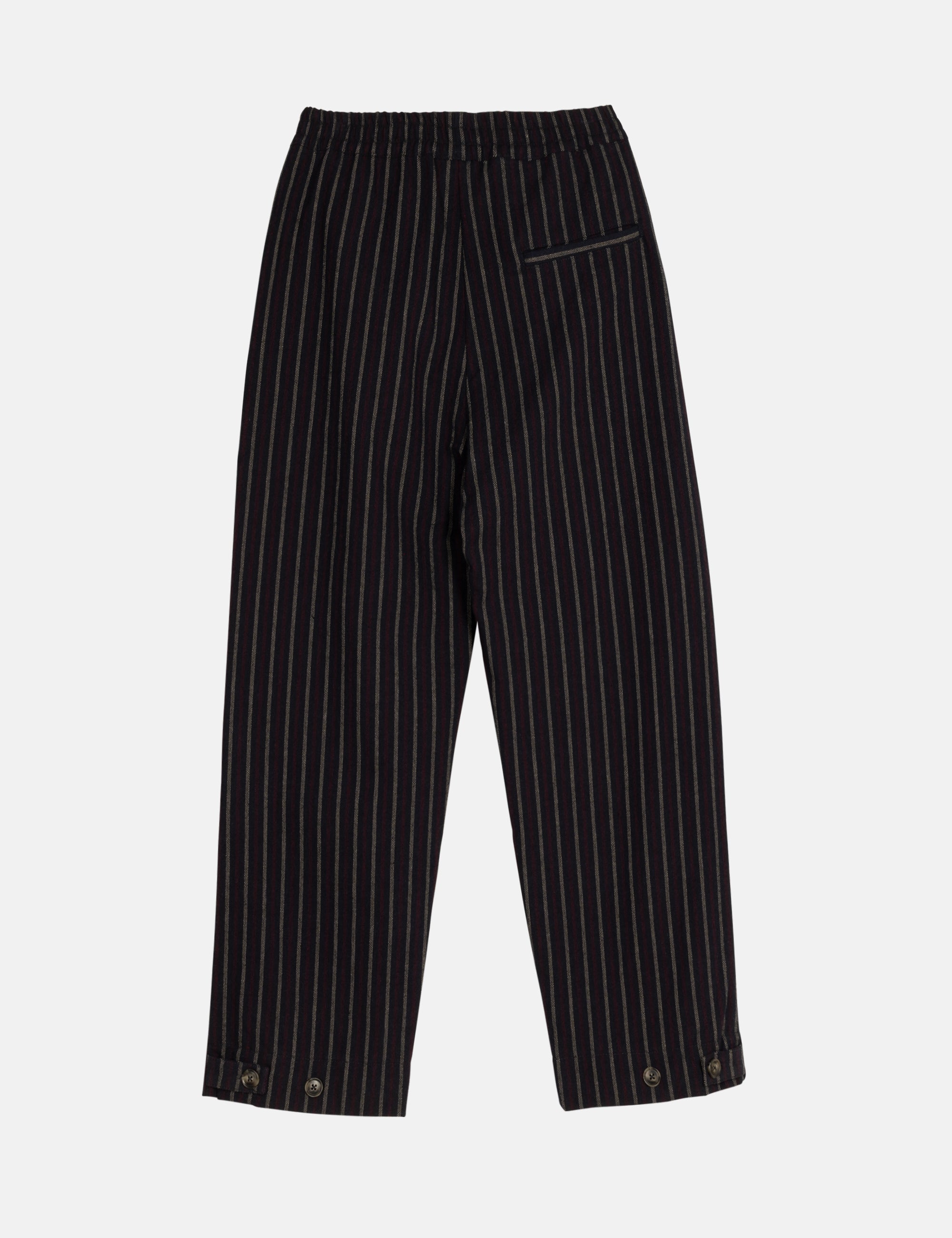 Black pinstripe women's pants on a light gray background