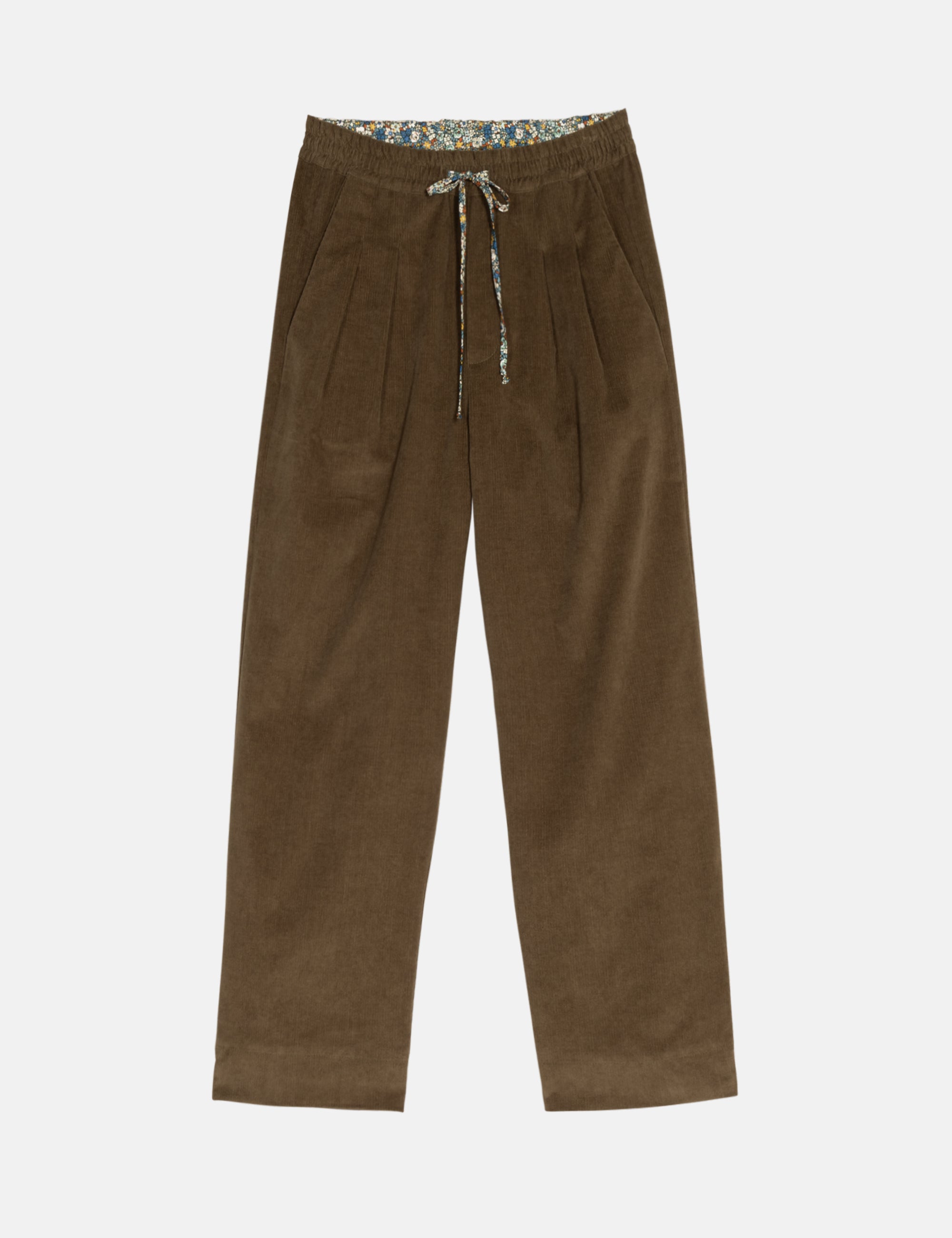Olive green women's pants in corduroy with a drawstring on a white background