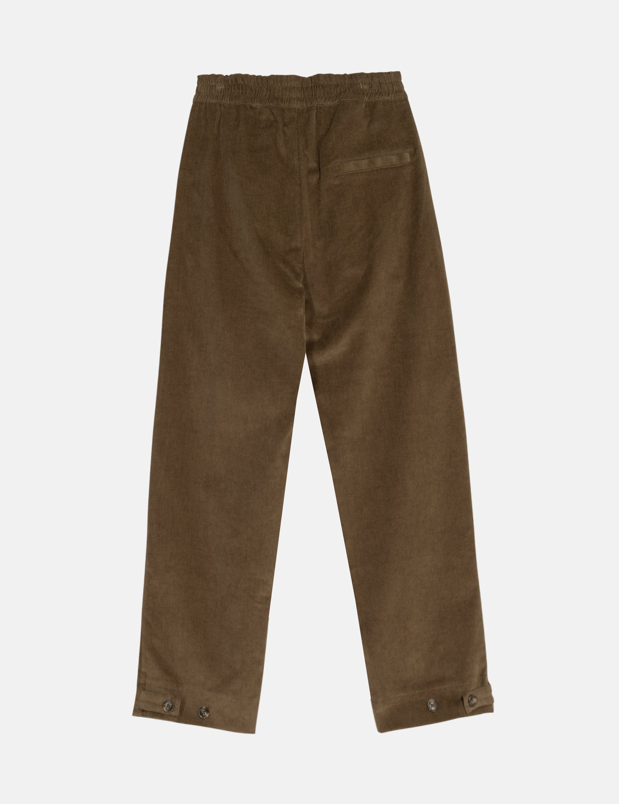 Olive green women's pants in corduroy with a drawstring on a white background