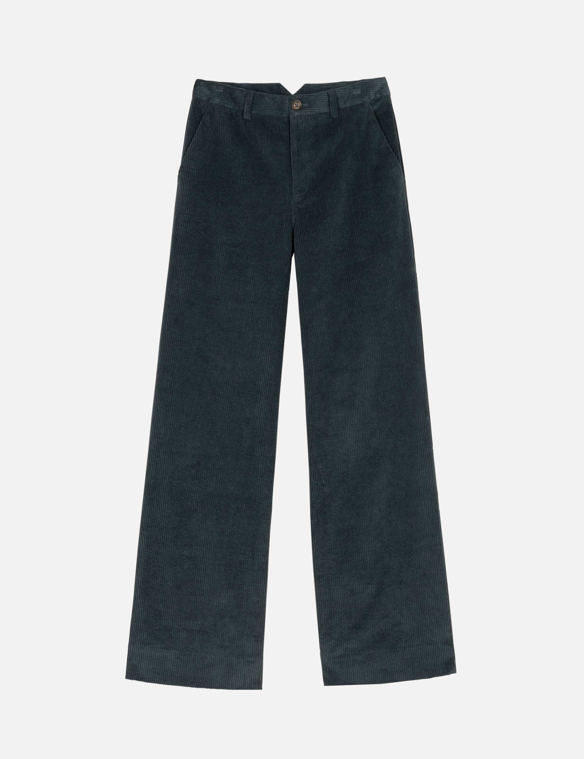 Women's dark teal corduroy pants on a light gray background
