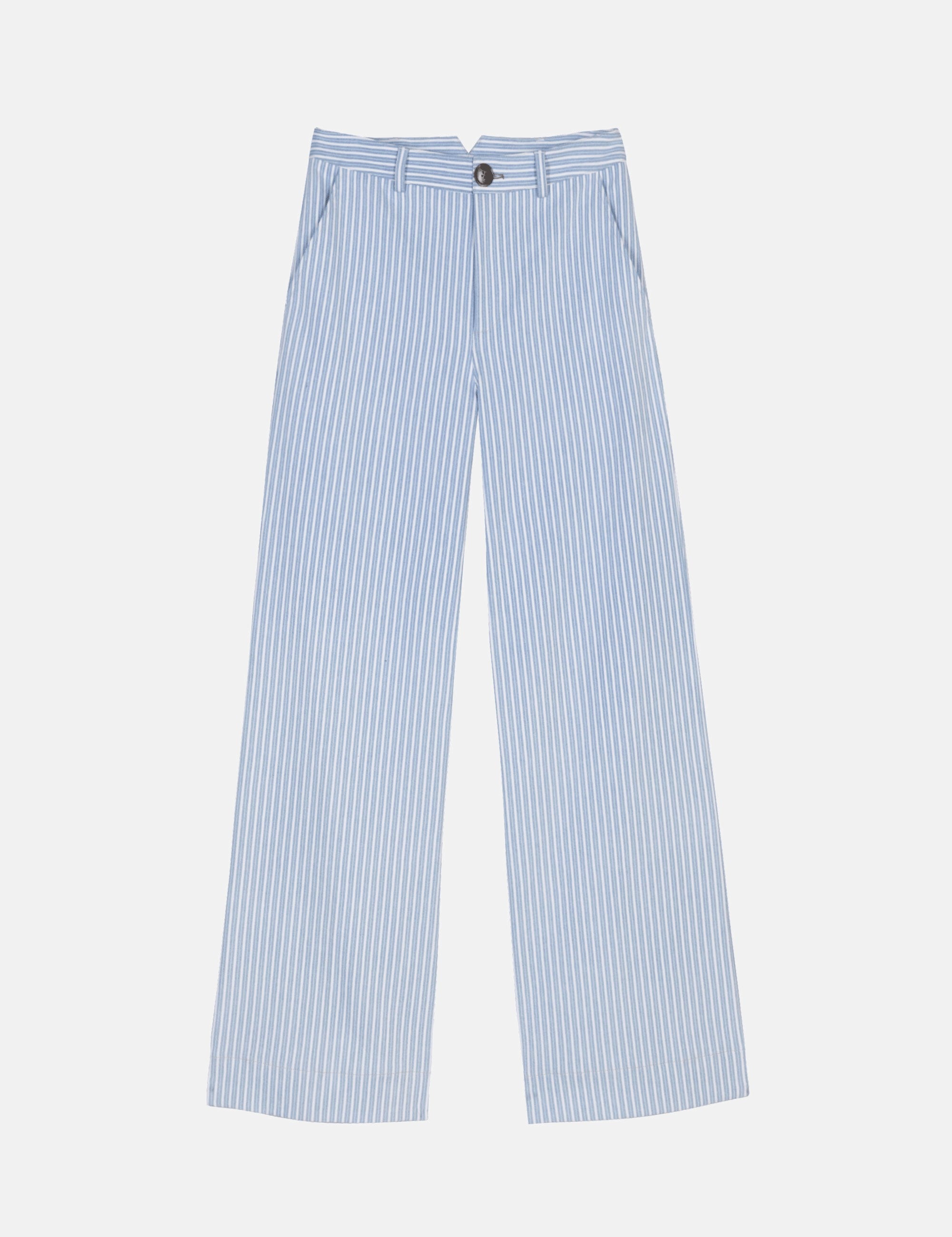 Light blue and white striped women's pants on a white background