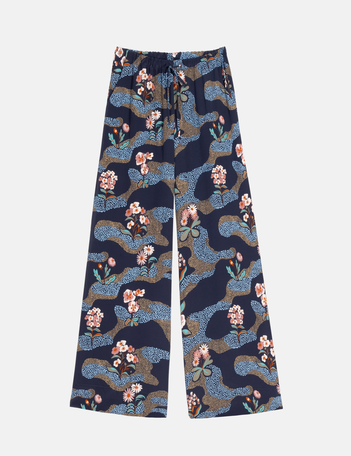 FRIGG pants in dark navy with multicolor animal and floral pattern, wide-leg style