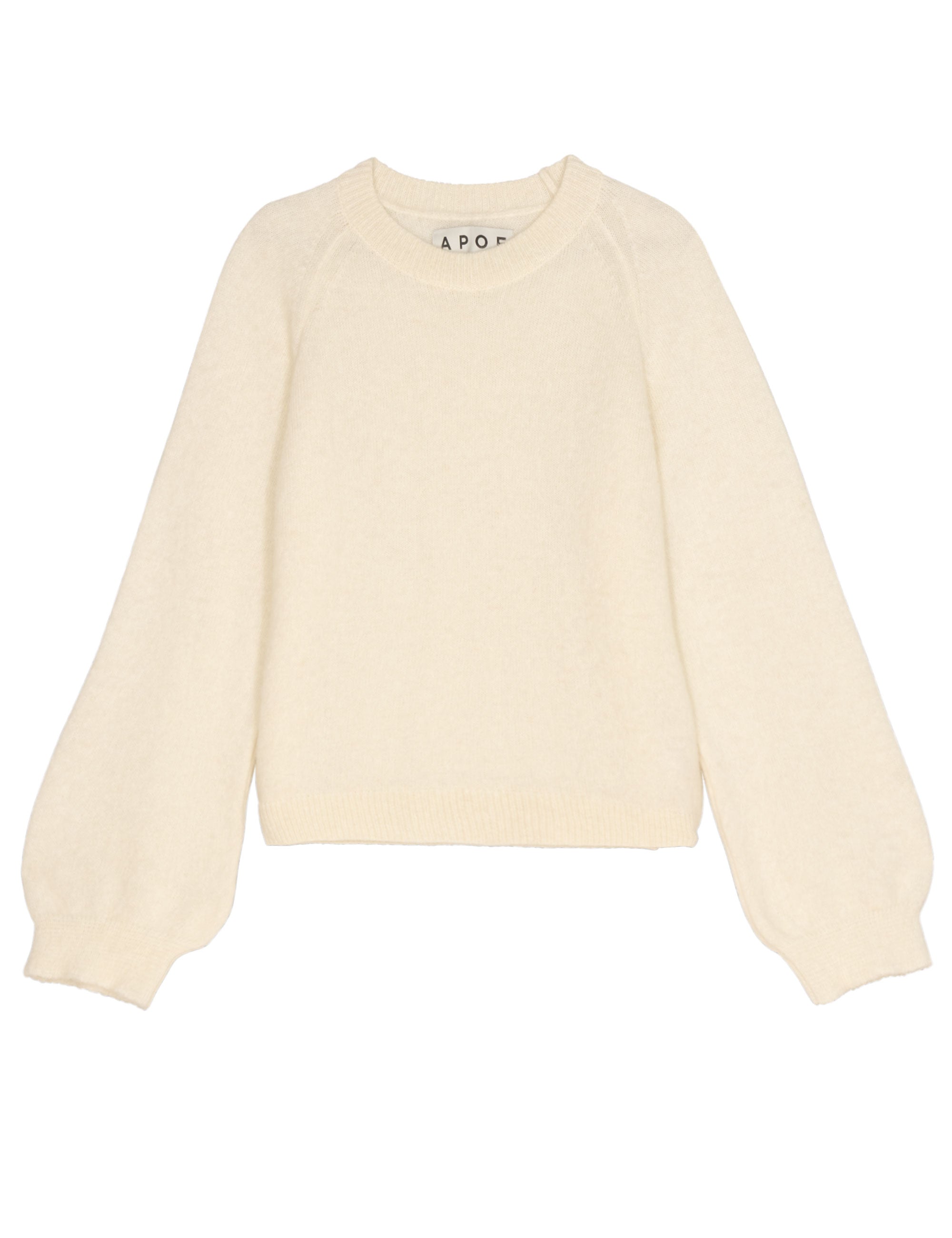 Women's cream-colored knit sweater with long sleeves on a white background