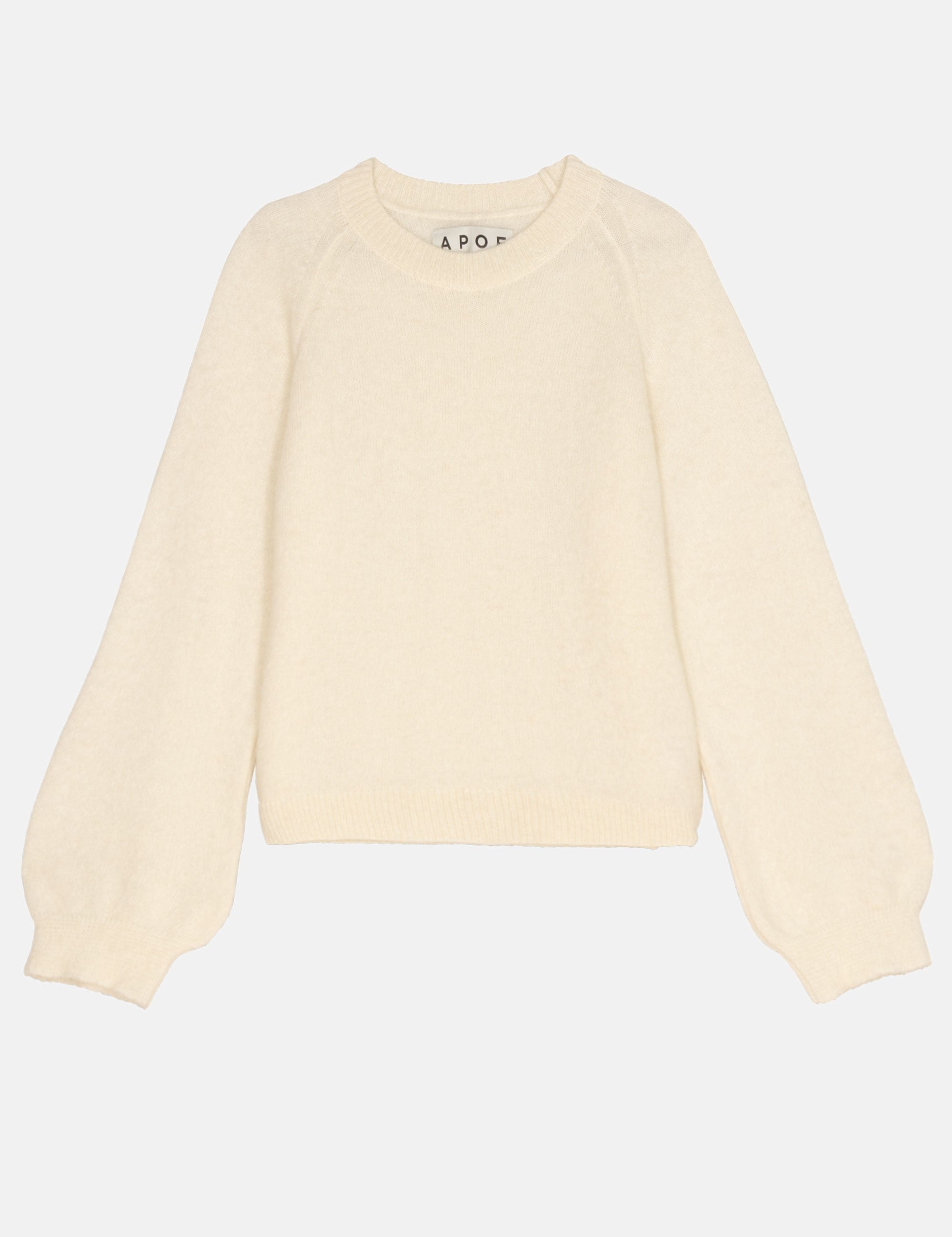Women's cream-colored knit sweater with long sleeves on a white background