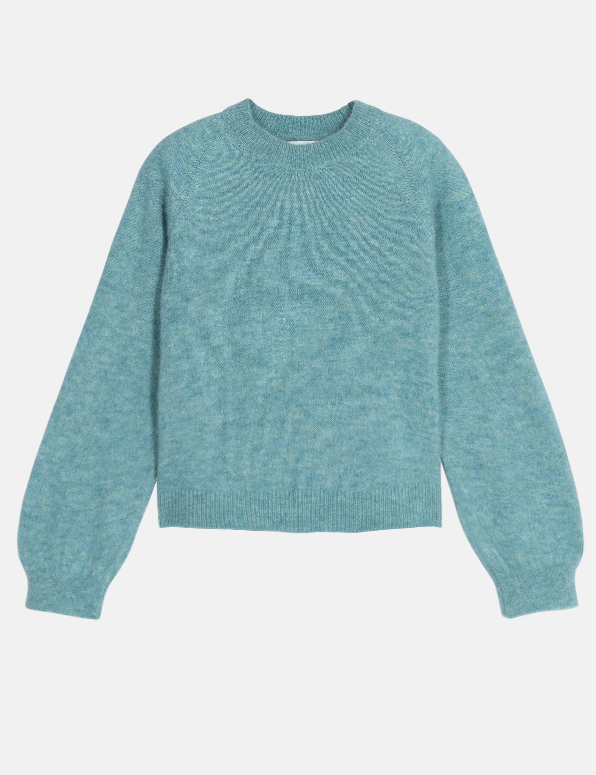 Teal women's wool jumper on a light gray background
