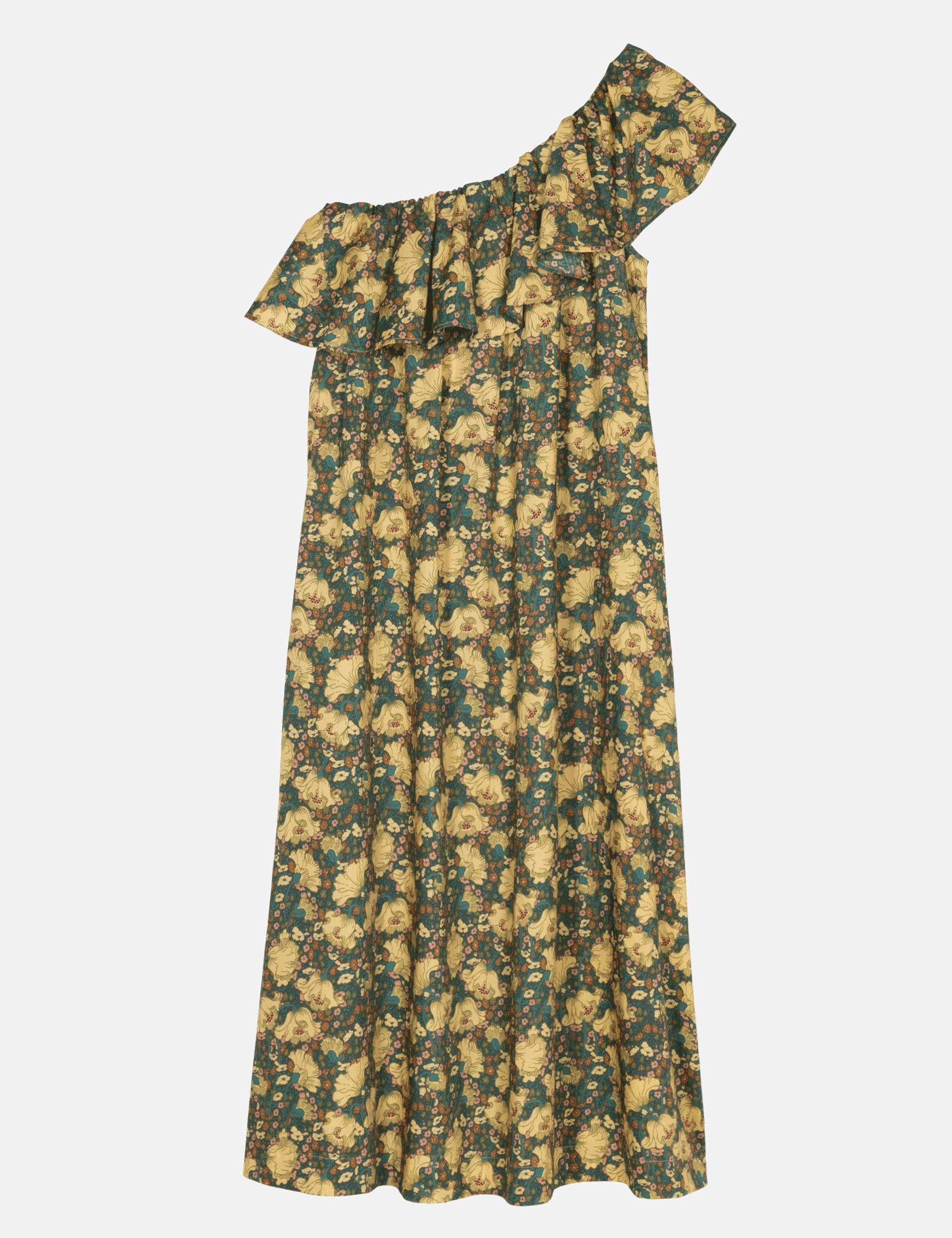 Floral off-shoulder dress on a white background