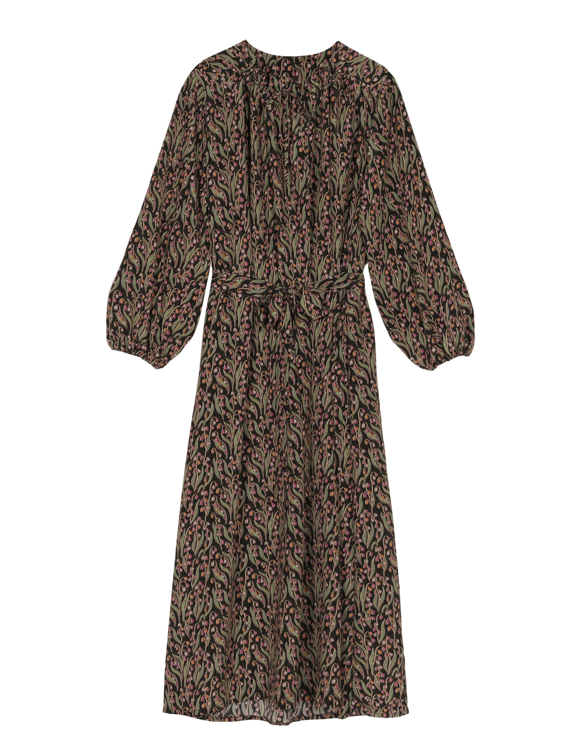 Long sleeved dress with pink and green flower pattern and matching belt