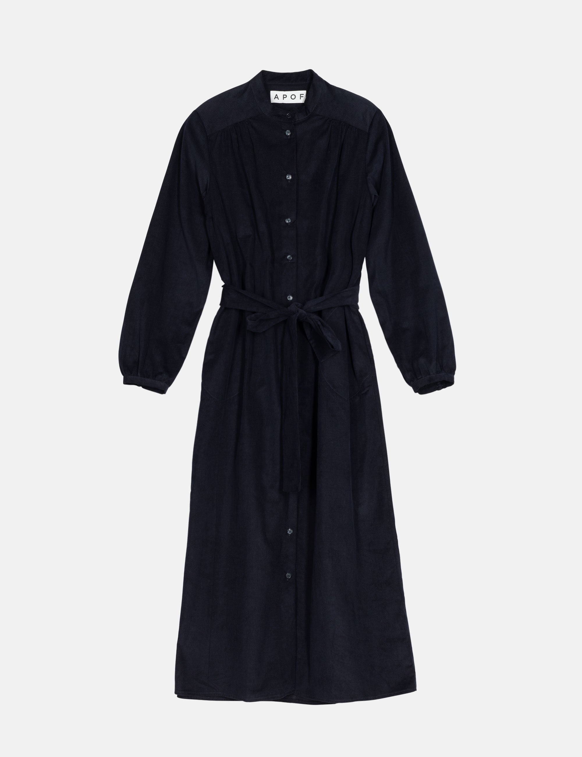 Blue corduroy dress with a belt, collar and buttons on a white background