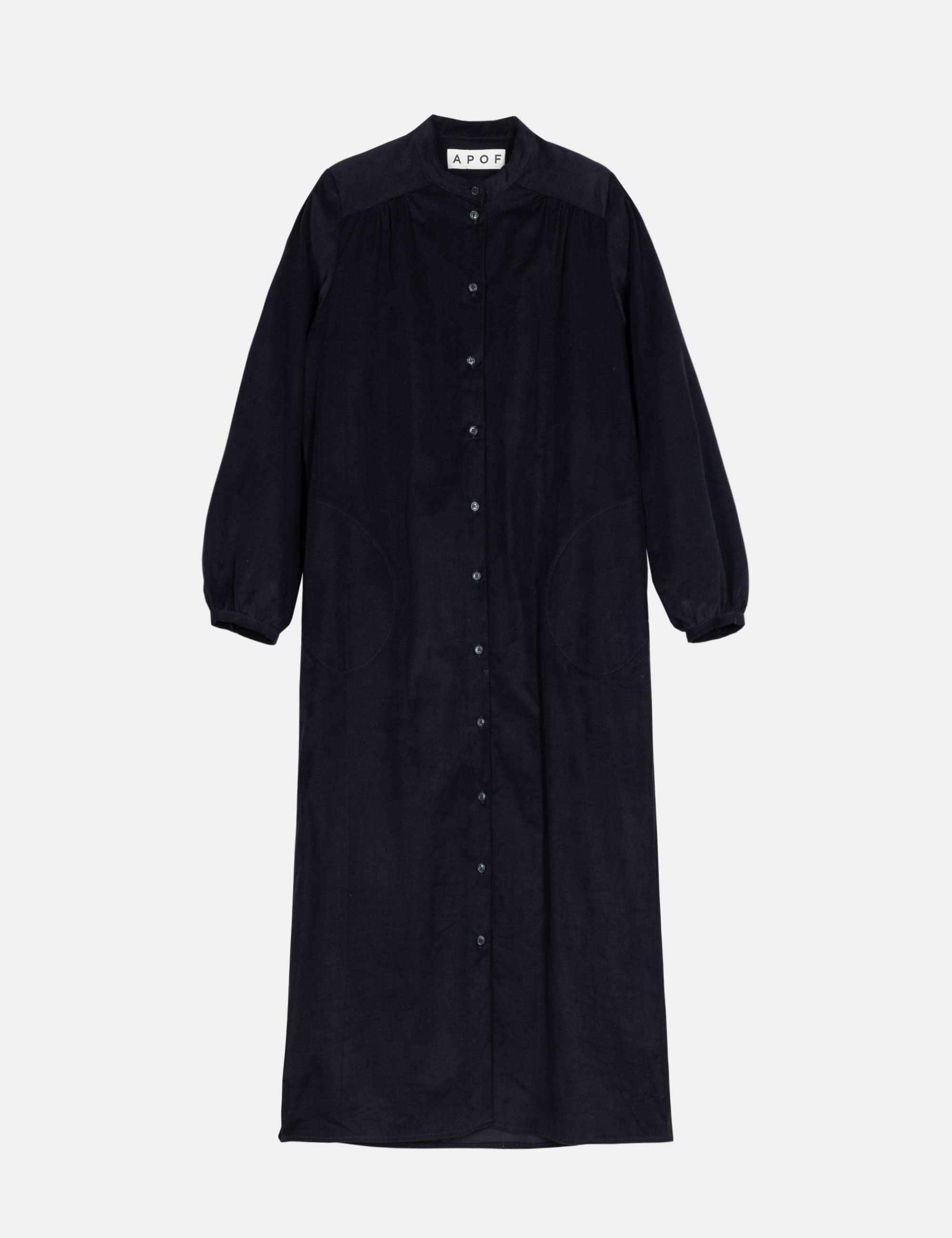 Blue corduroy dress with a collar and buttons on a white background