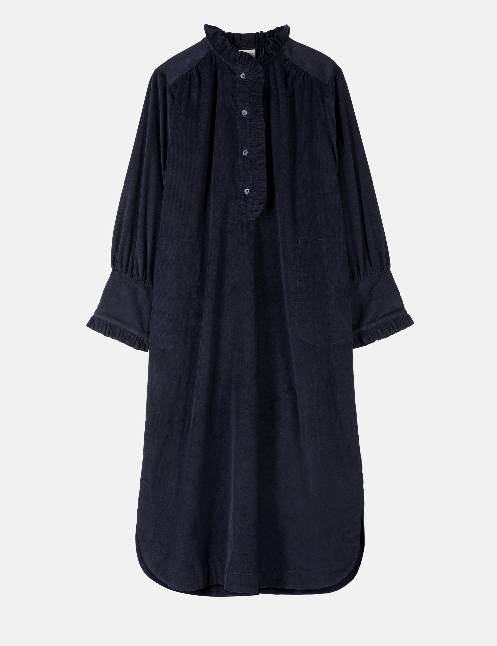 Blue kaftan dress in baby corduroy with ruffled collar on a white background