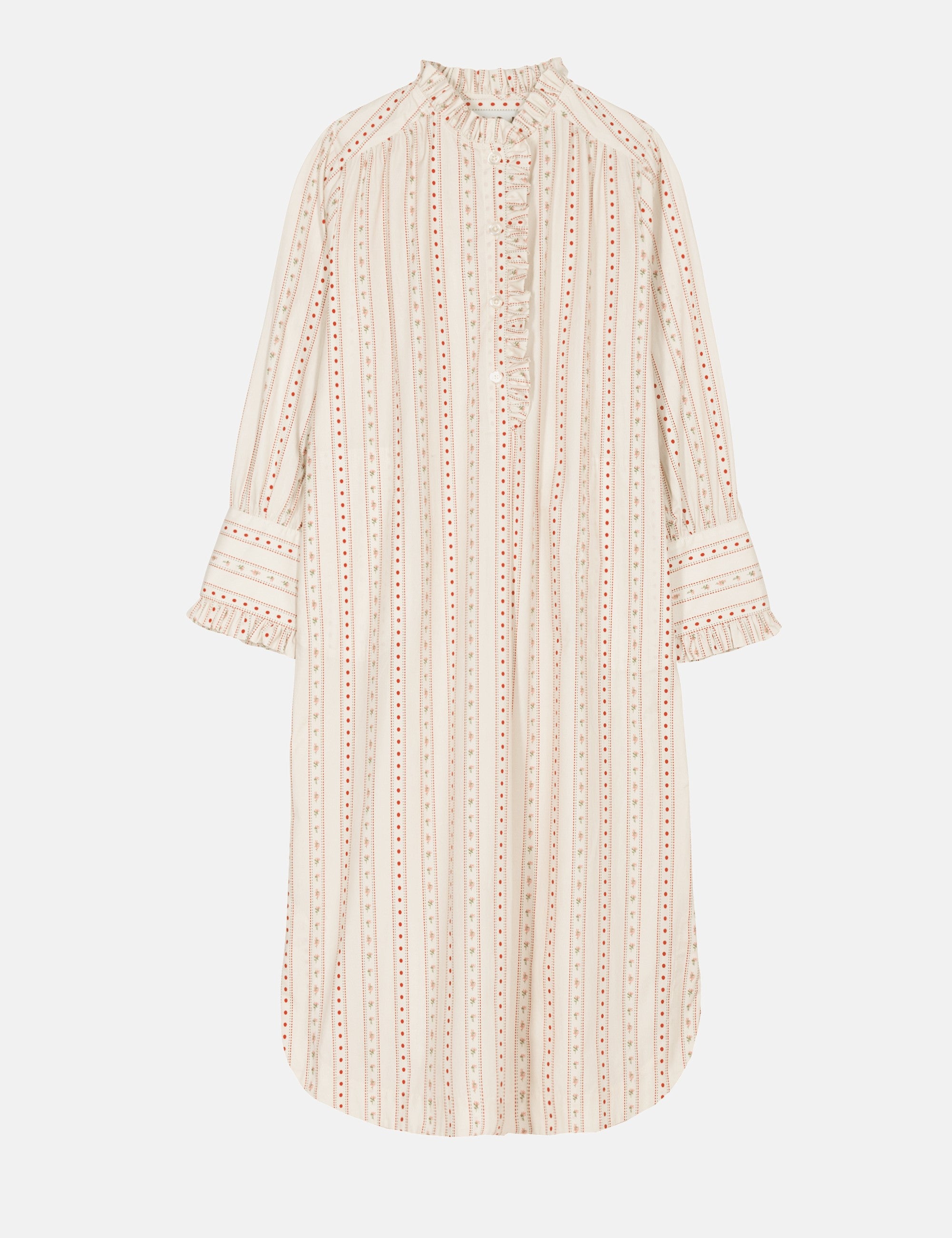 Beige dress with intricate patterns and frills on a white background