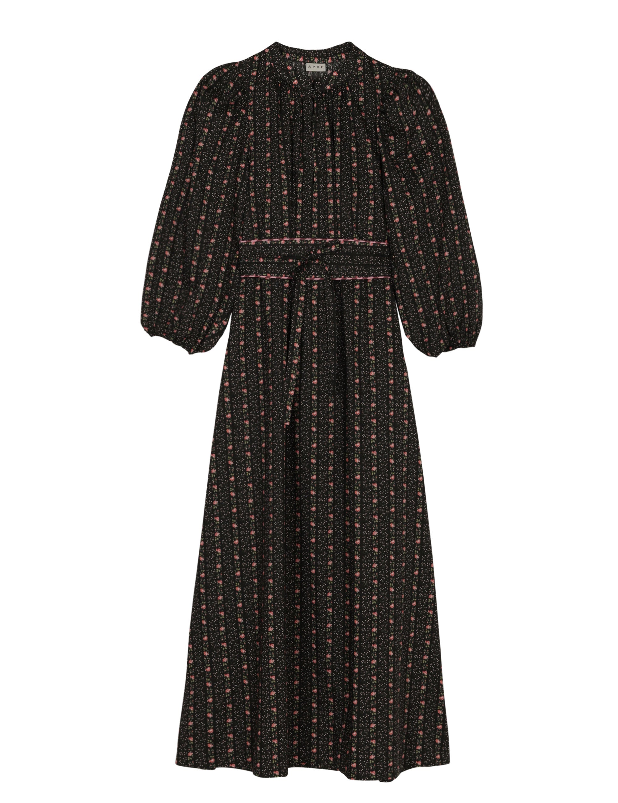 Long dress with floral striped pattern, long puff sleeves