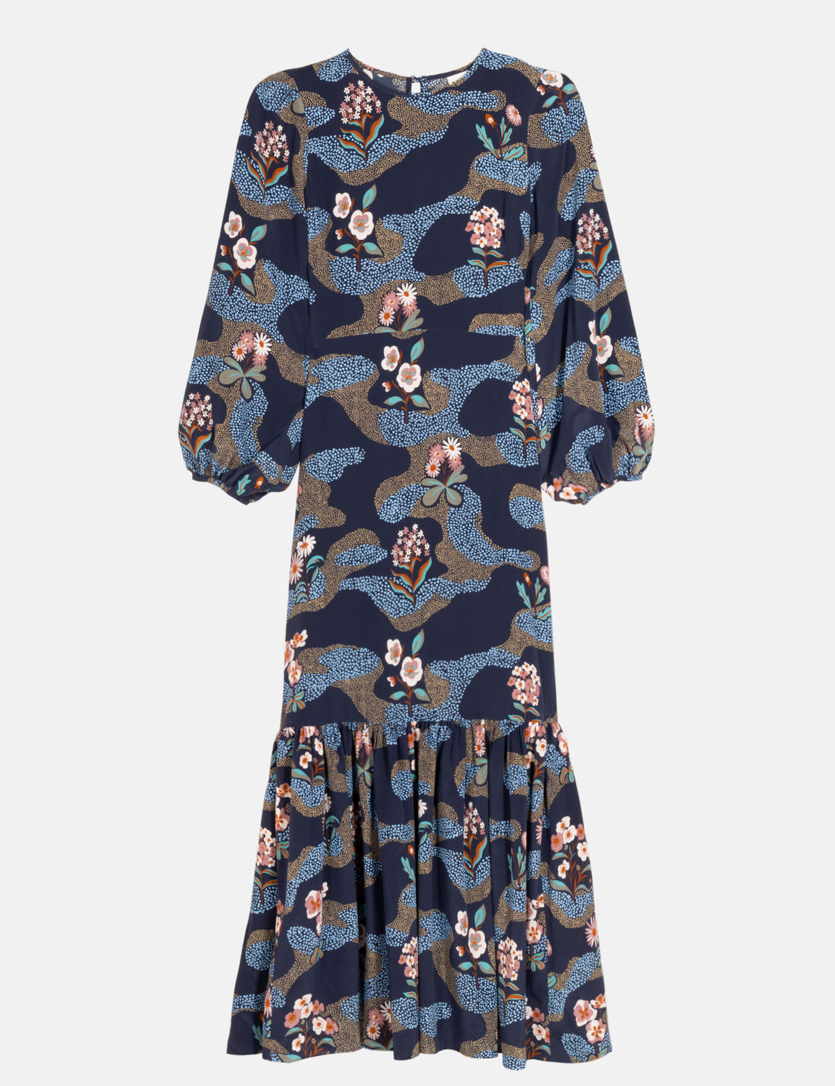 A long-sleeved midi dress with a tiered ruffle hem, featuring an intricate abstract floral pattern in navy blue, beige, and light blue on a light gray background.
