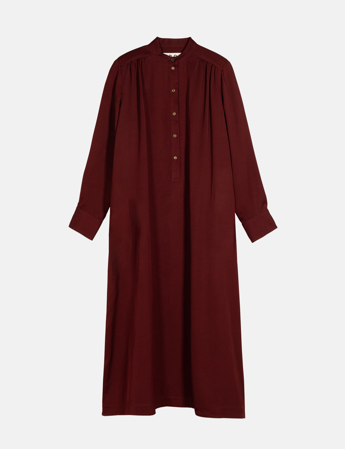 A long-sleeved, button-front tunic dress in deep burgundy, displayed flat against a light gray background.