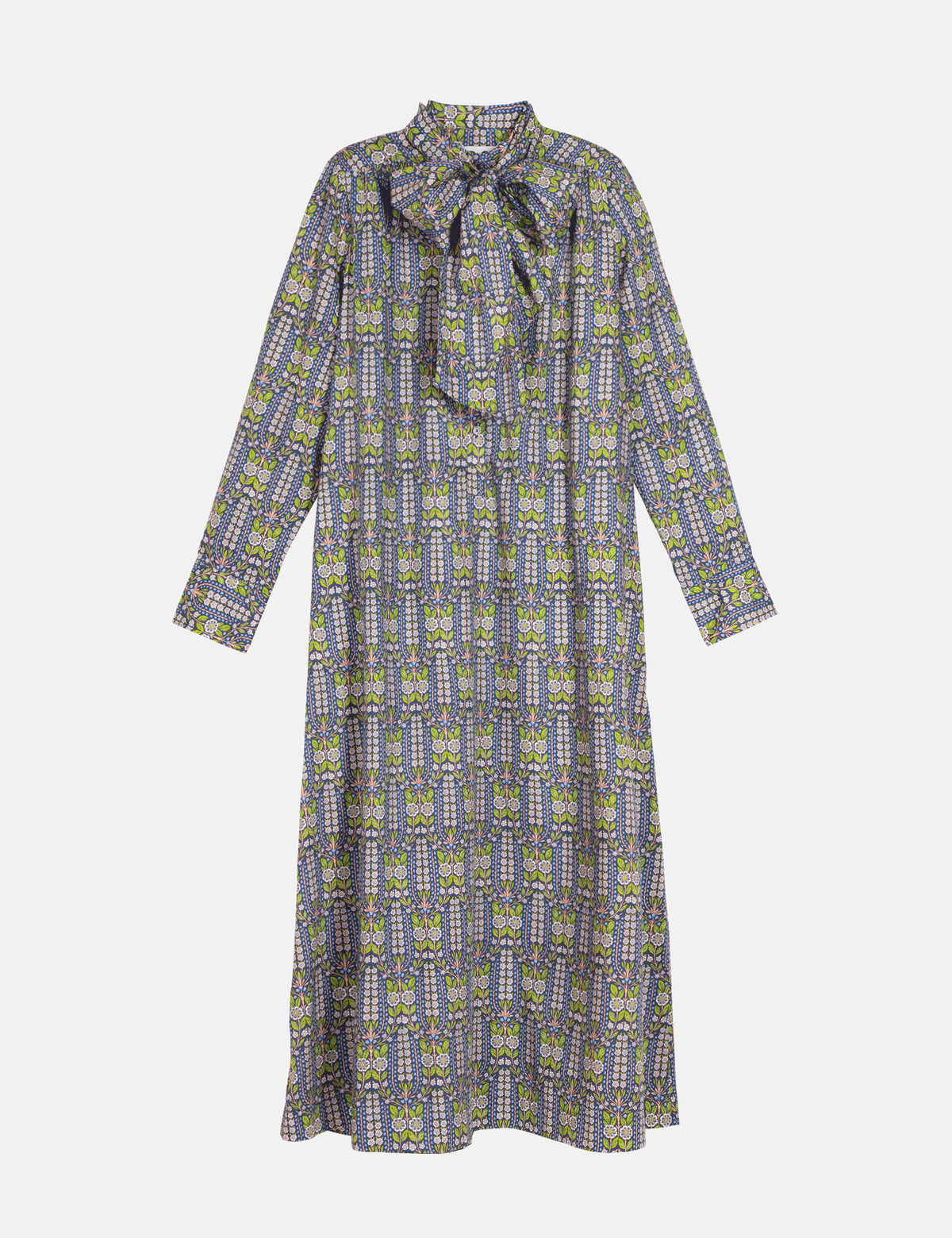 A long-sleeve dress with a high collar and a large bow at the neck, featuring an all-over geometric pattern in blue, green, and yellow on a light gray background.