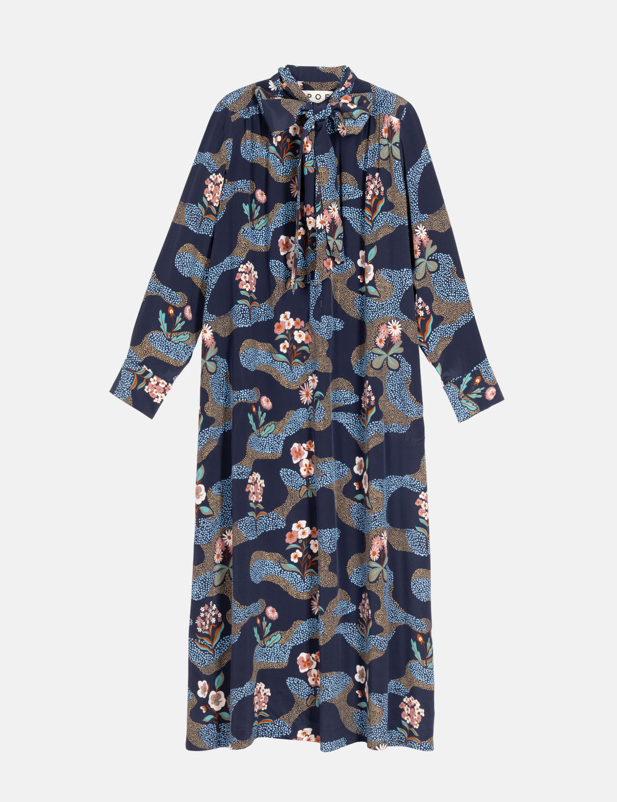 A long-sleeve midi dress with a high collar and tie-neck detail, featuring an abstract wavy pattern in light blue and brown with pink and white floral accents, set against a plain white background.