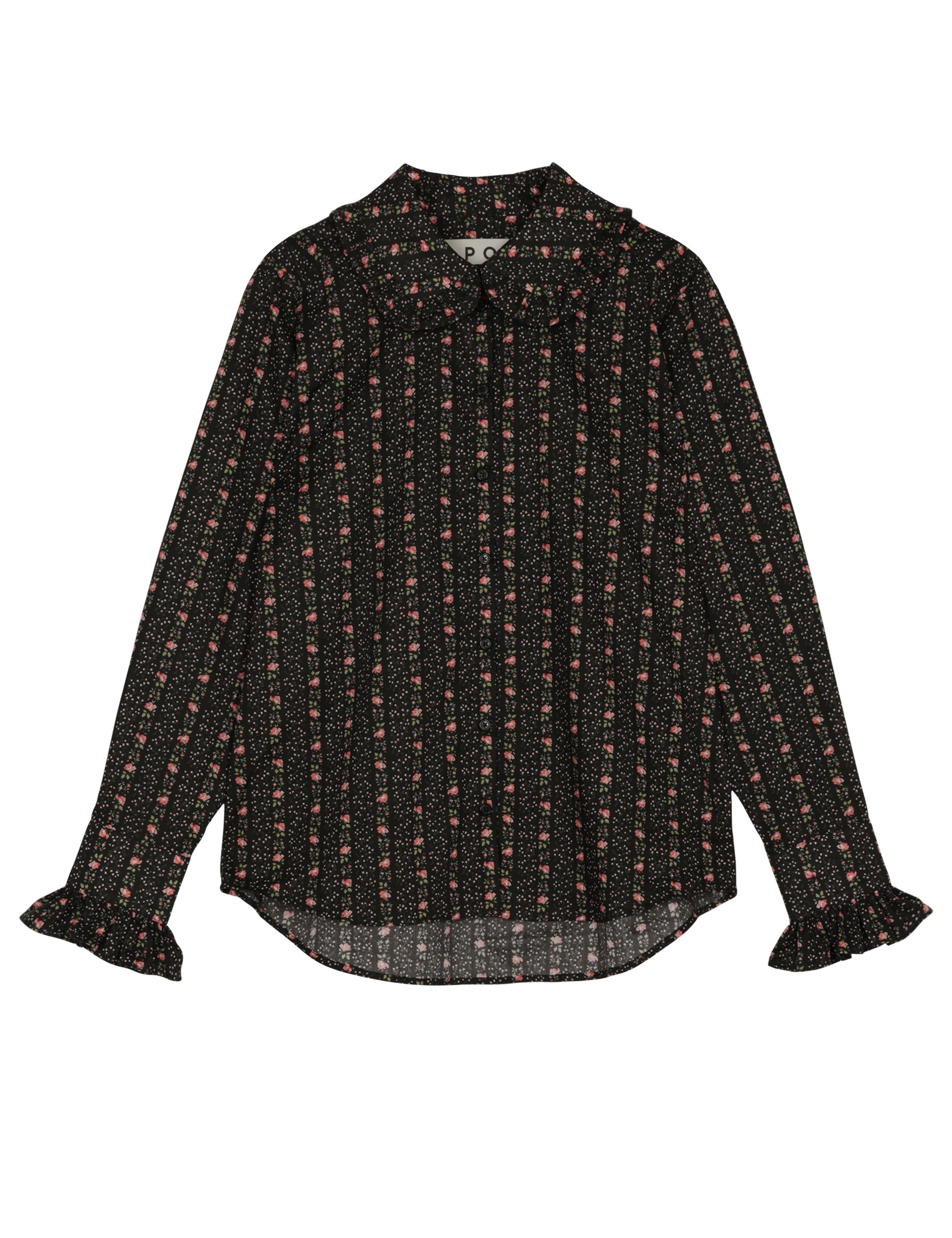 Long sleeved women's shirt with flower pattern and frills