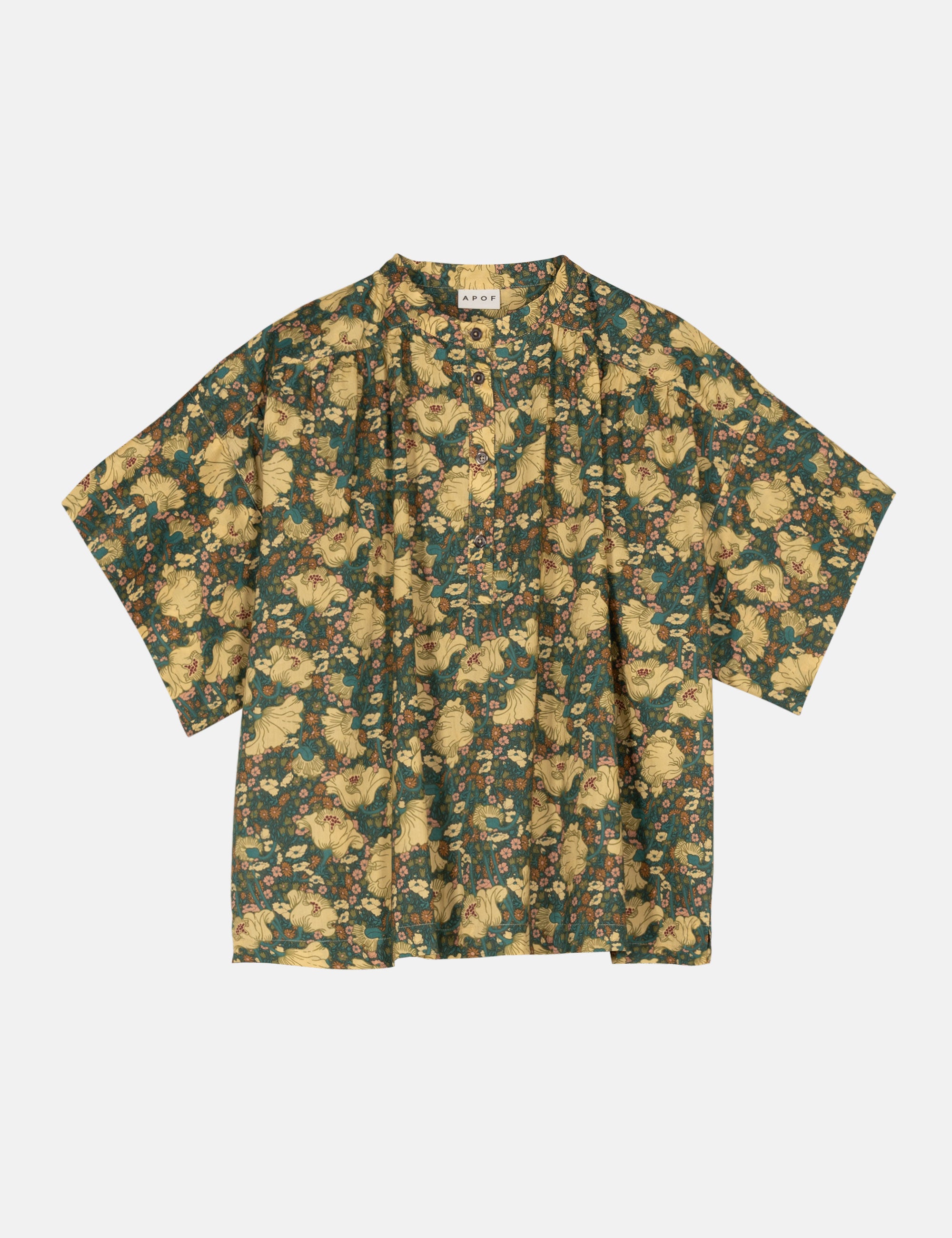 Green and yellow floral patterned short sleeve women's shirt