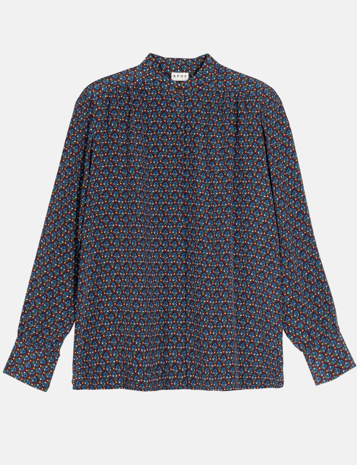 A long-sleeve button-up shirt with a small-scale multicolor geometric pattern on a dark navy base, displayed flat against a light gray background.
