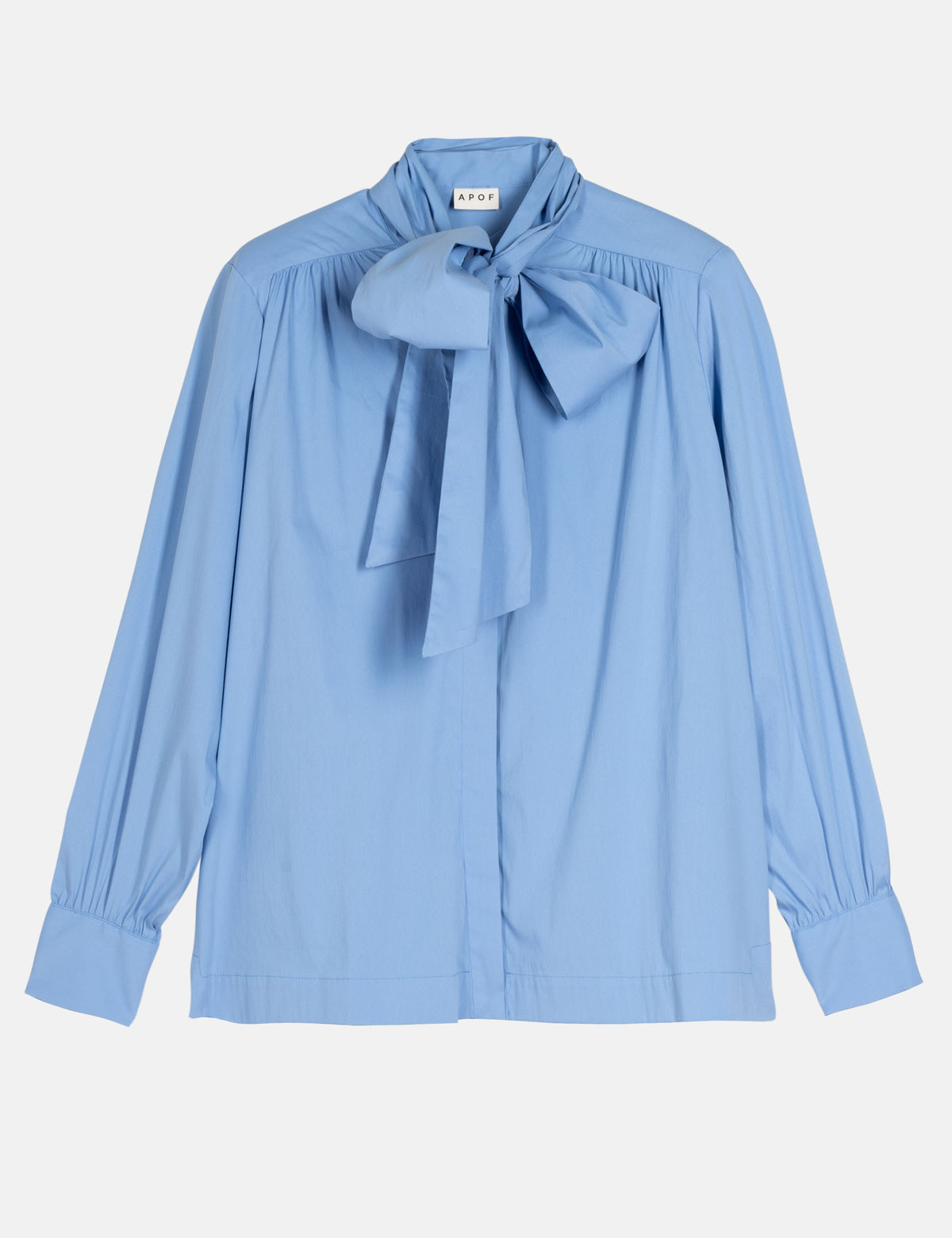 Light blue button-up shirt with bow at collar, gathered yoke, long sleeves