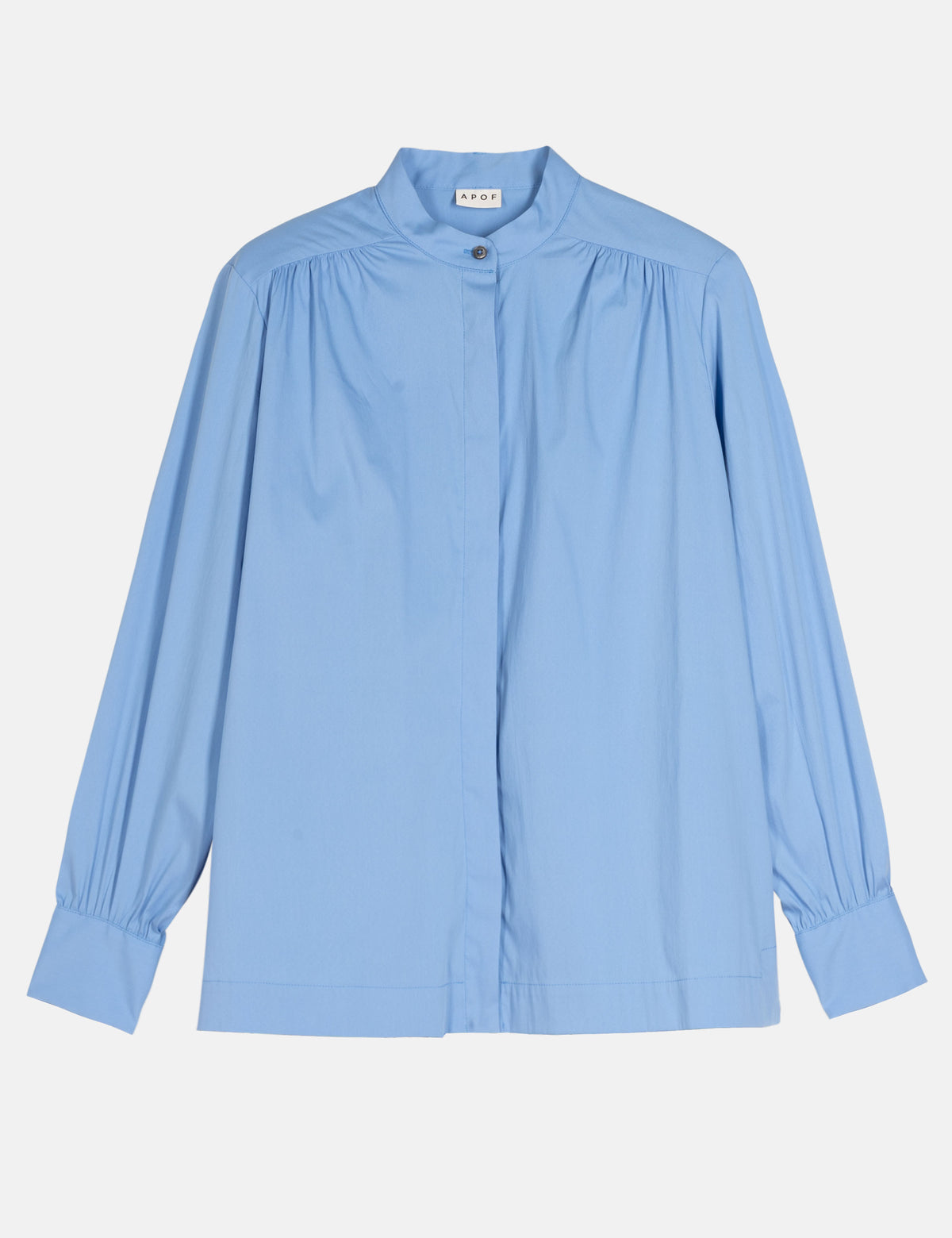 Light blue button-up shirt with gathered neckline and long sleeves, button cuffs
