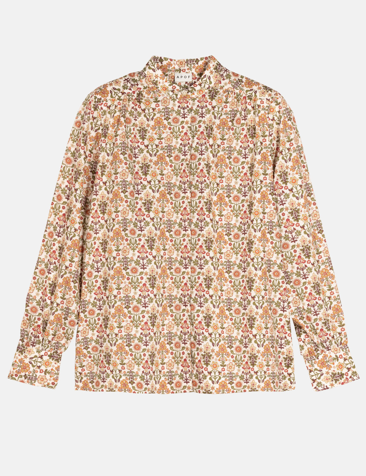 Nelle shirt with floral print, long sleeves, button-front, tied high collar
