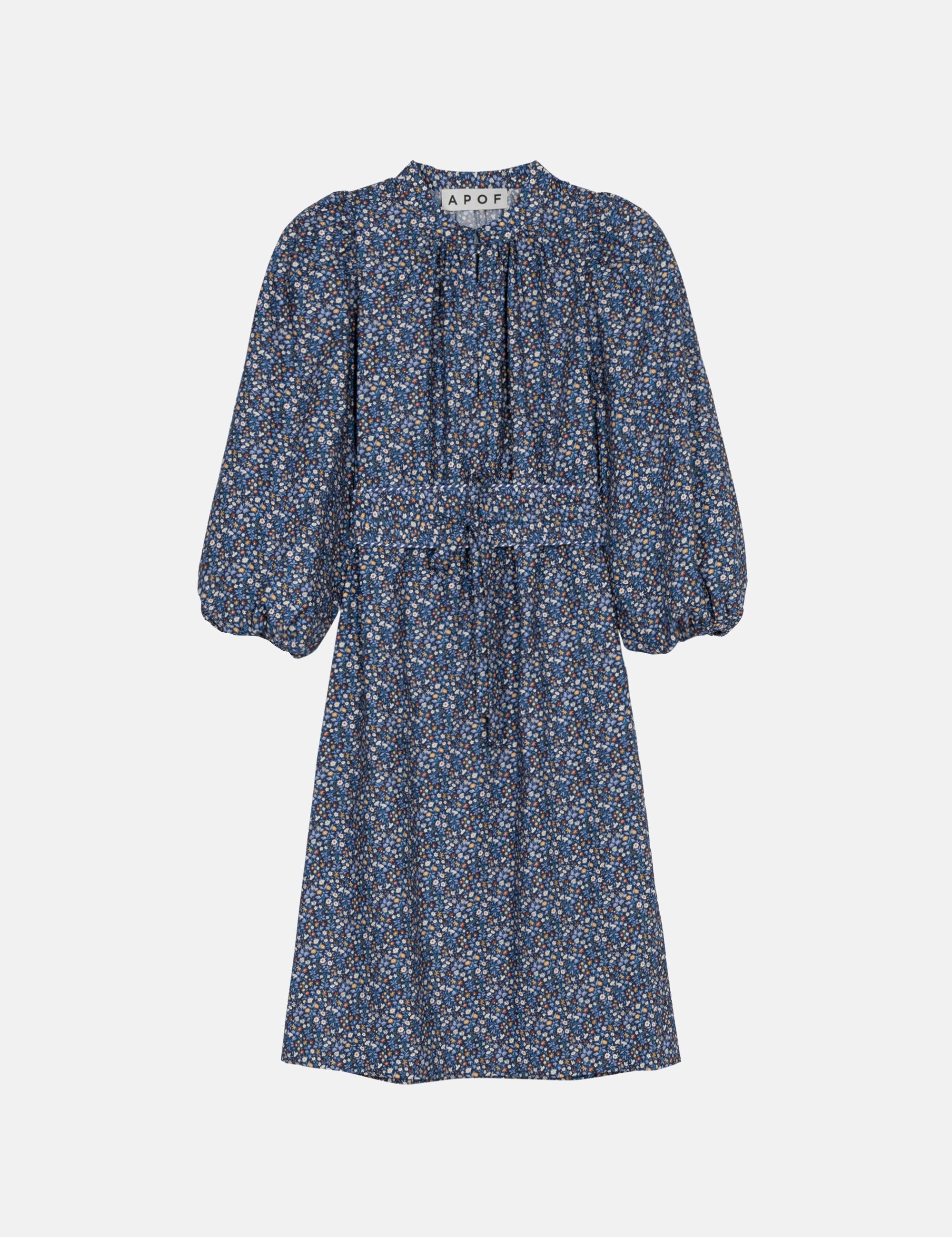 Blue floral dress with long puff sleeves and a belt