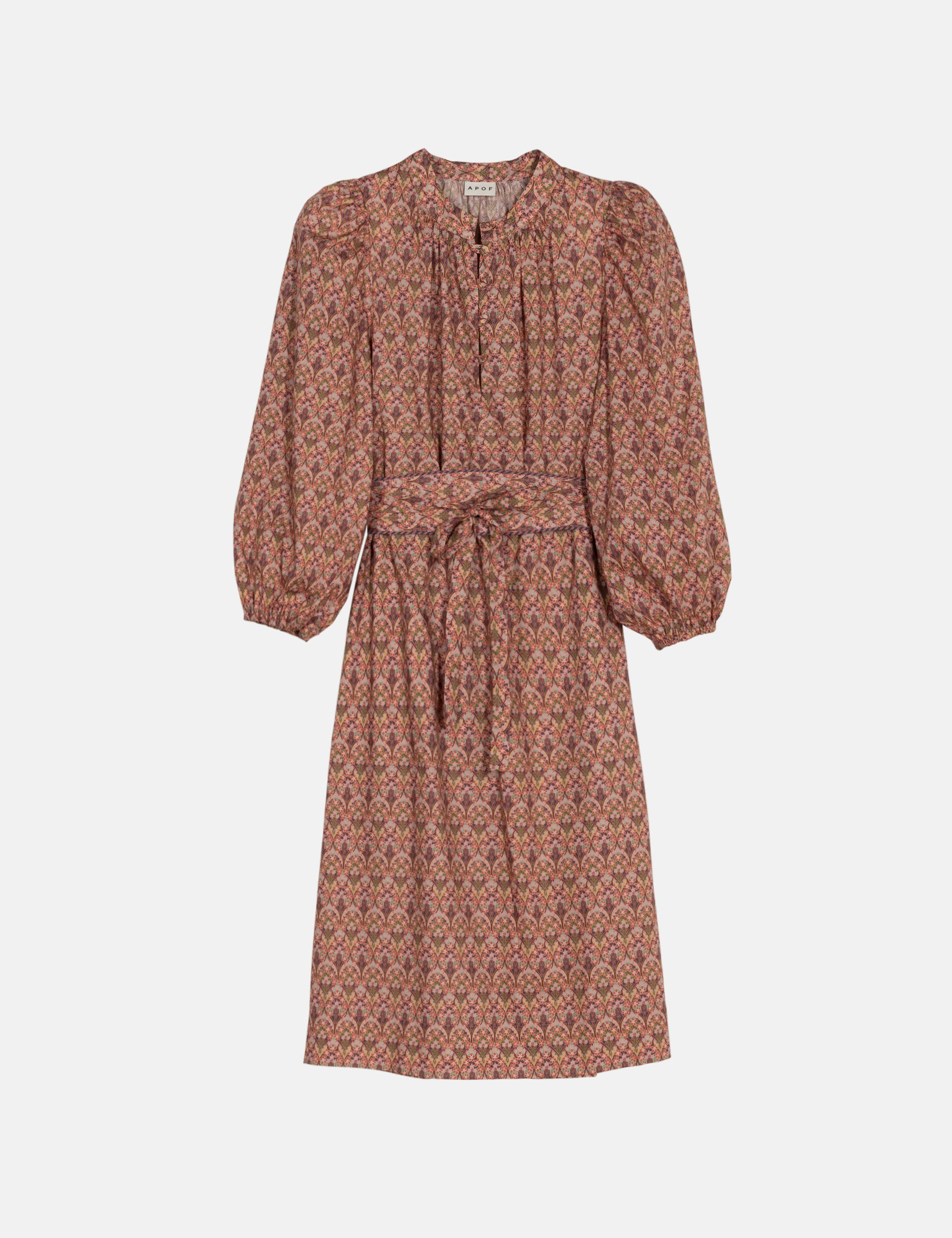 Brown and pink floral patterned dress with puff sleeves and a belt