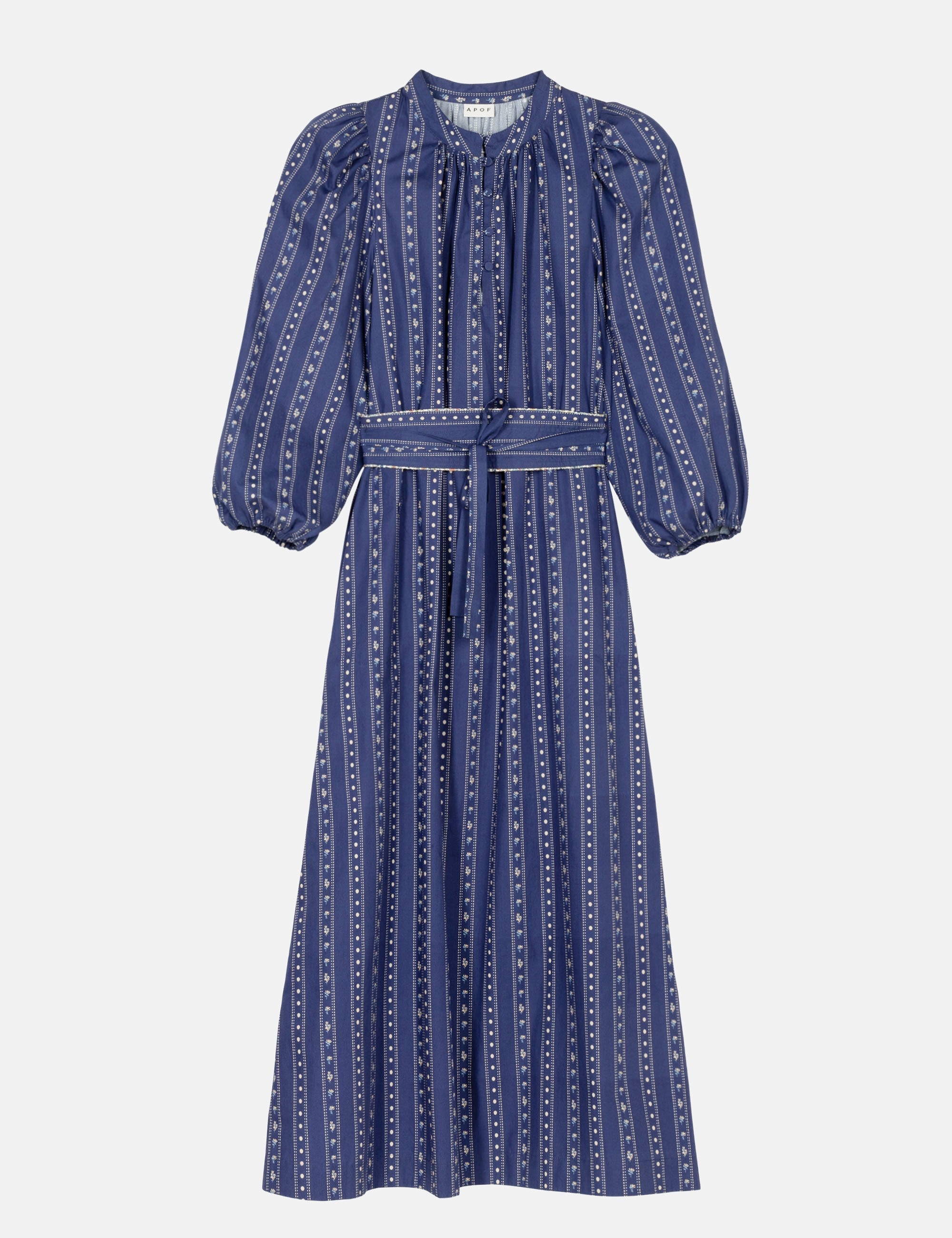 Blue patterned dress with puff sleeves and matching belt